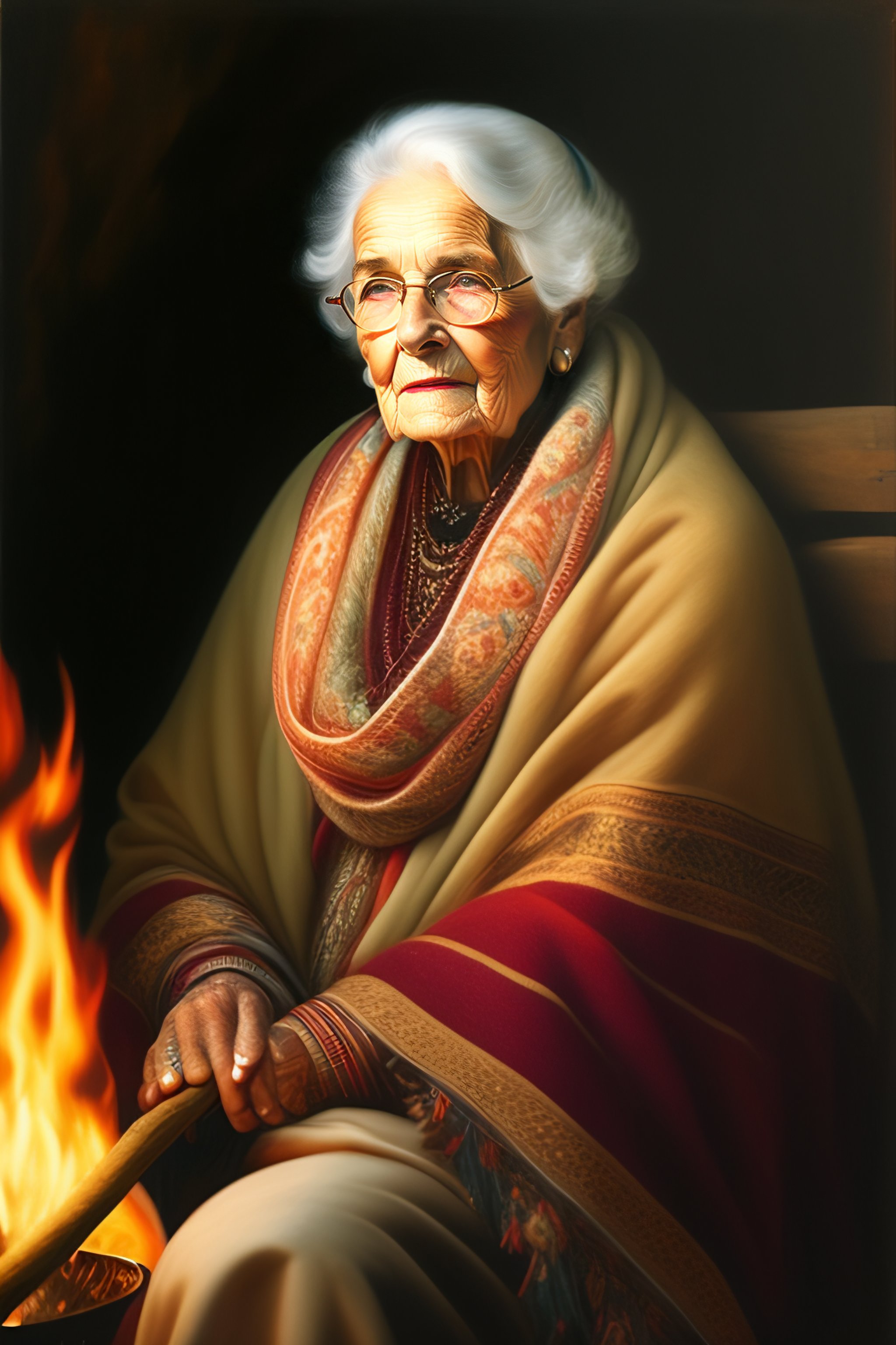 Lexica - An eighty year old woman sitting behind a campfire, with a ...