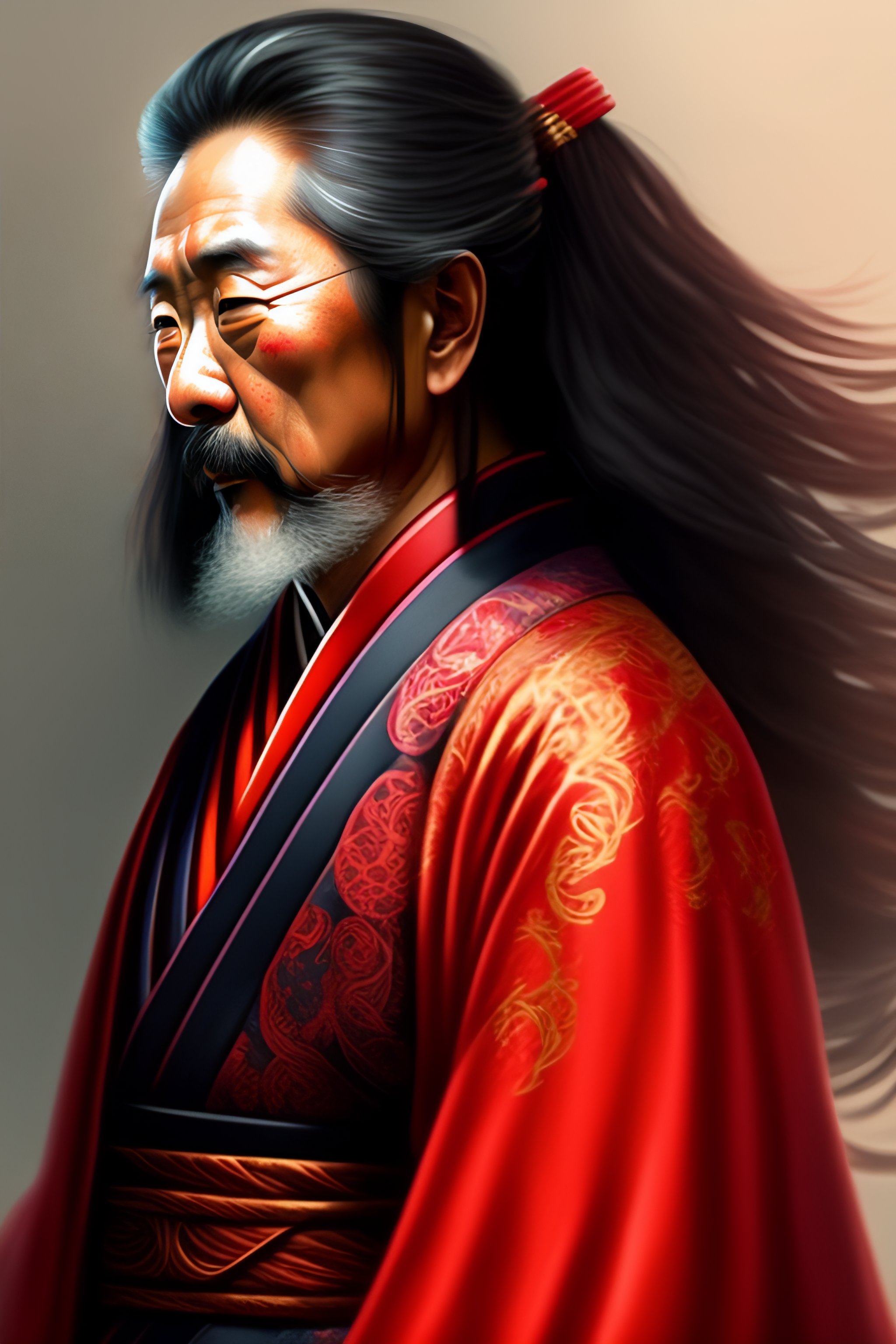 Lexica - Oldman with red kimono Samurai long hair intricate, elegant