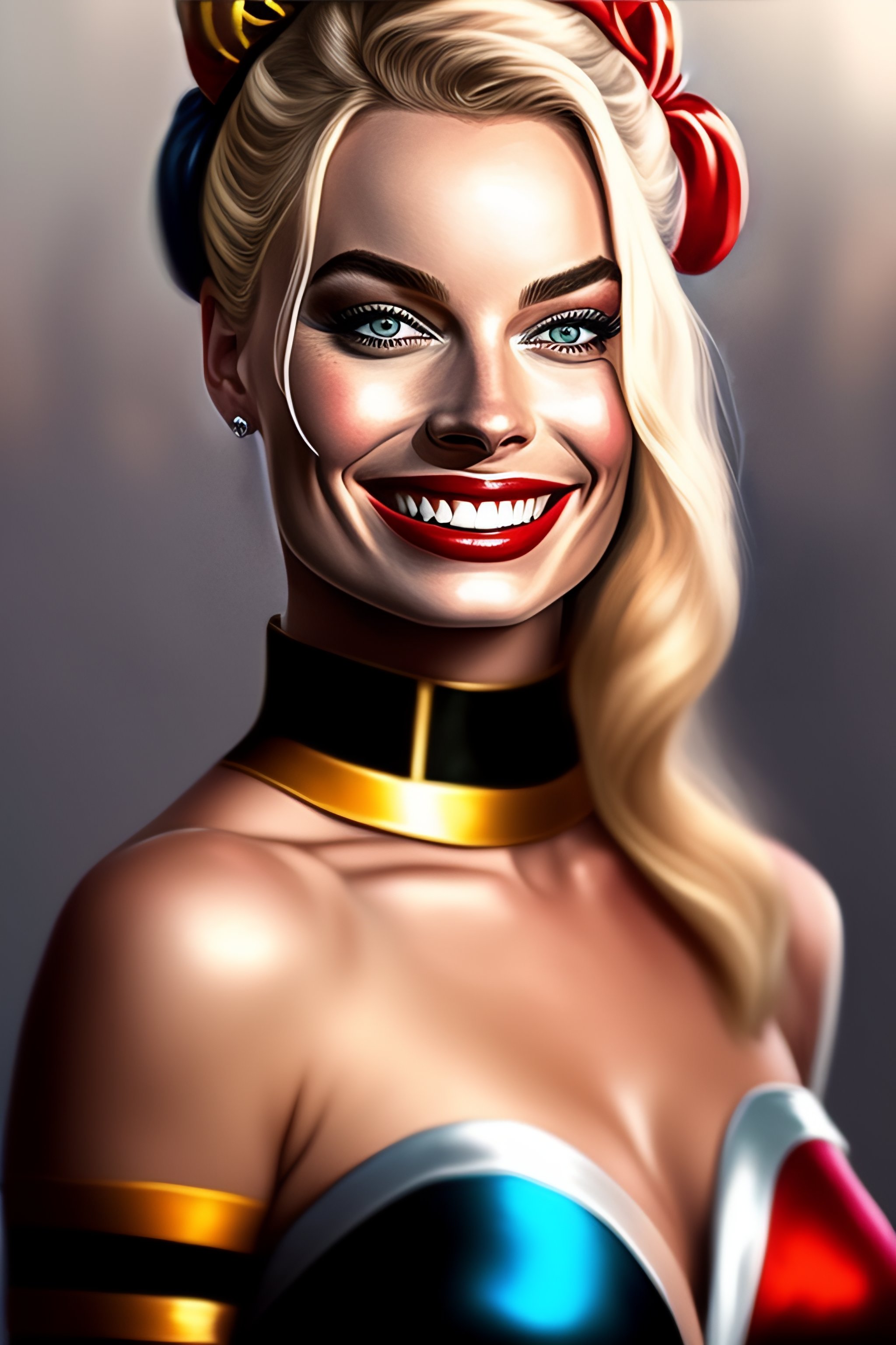 Lexica A Portret With Margot Robbie As Harley Quinn Smiling Evil Hyperrealistic