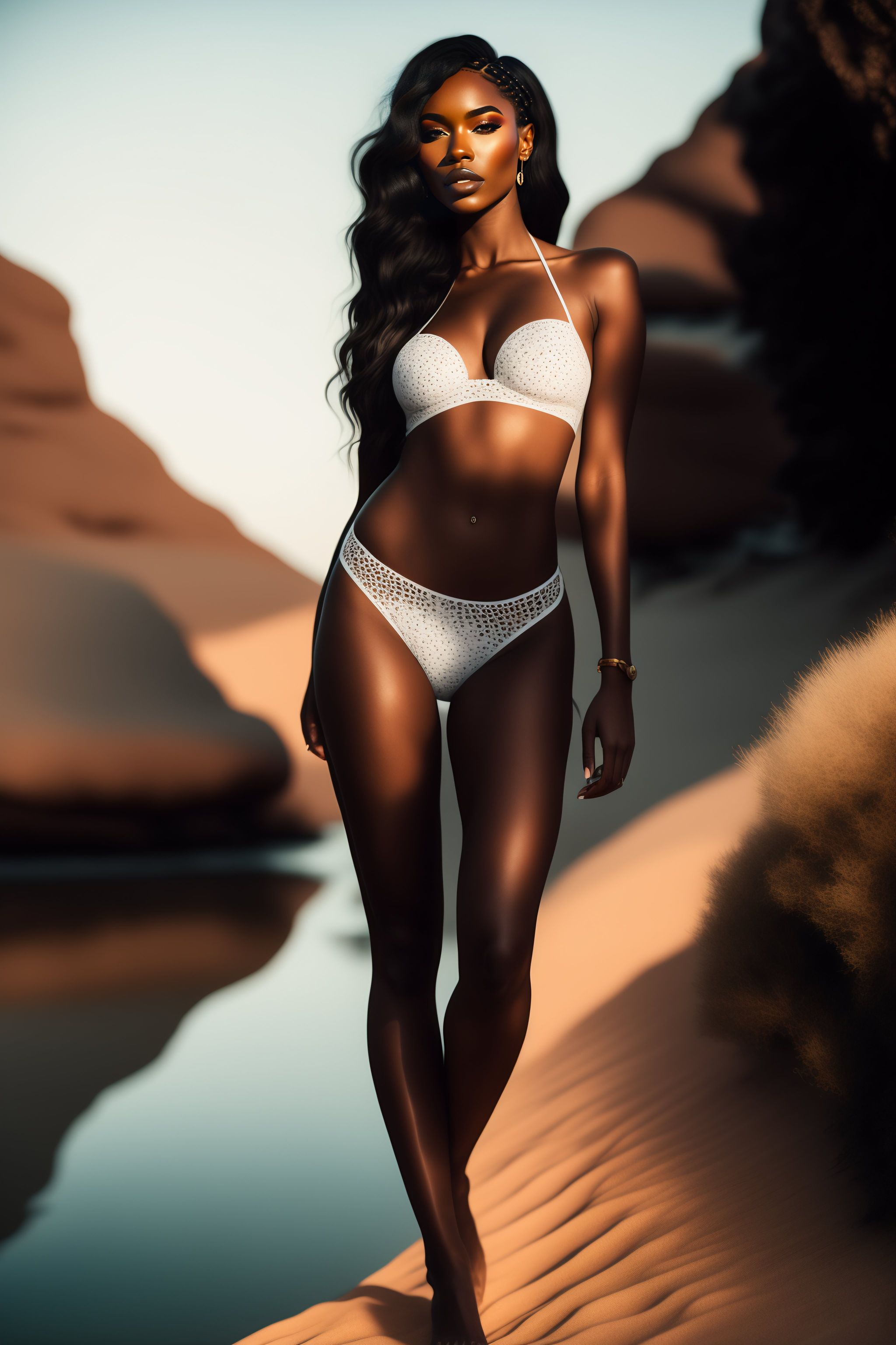 Lexica - Black woman, white spots on the skin, in a lace bikini, long hair,  sports body, full length, legs, high quality, high details.