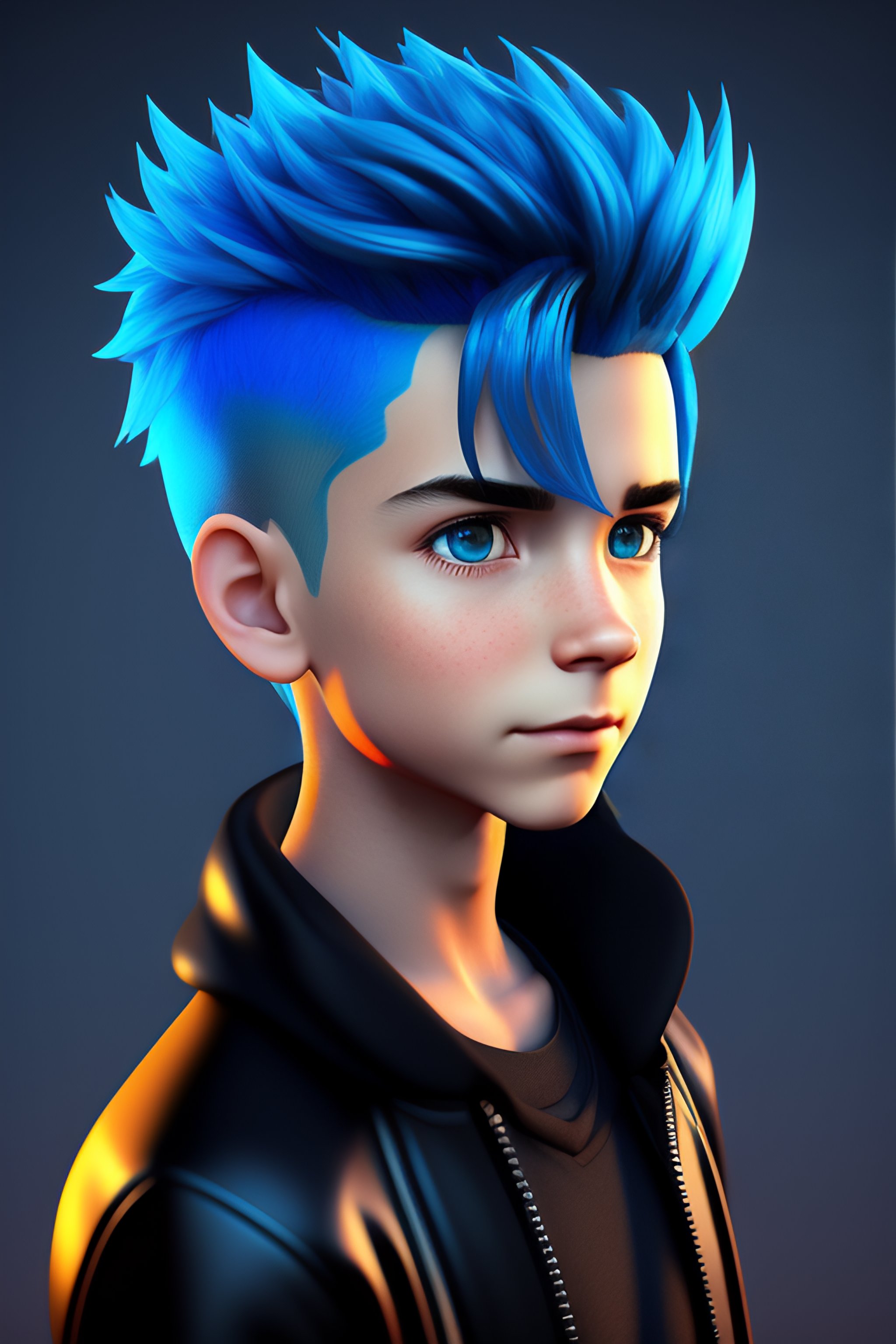 Lexica - Blue hair boy in black zipper top, pixar style, 3d style ...