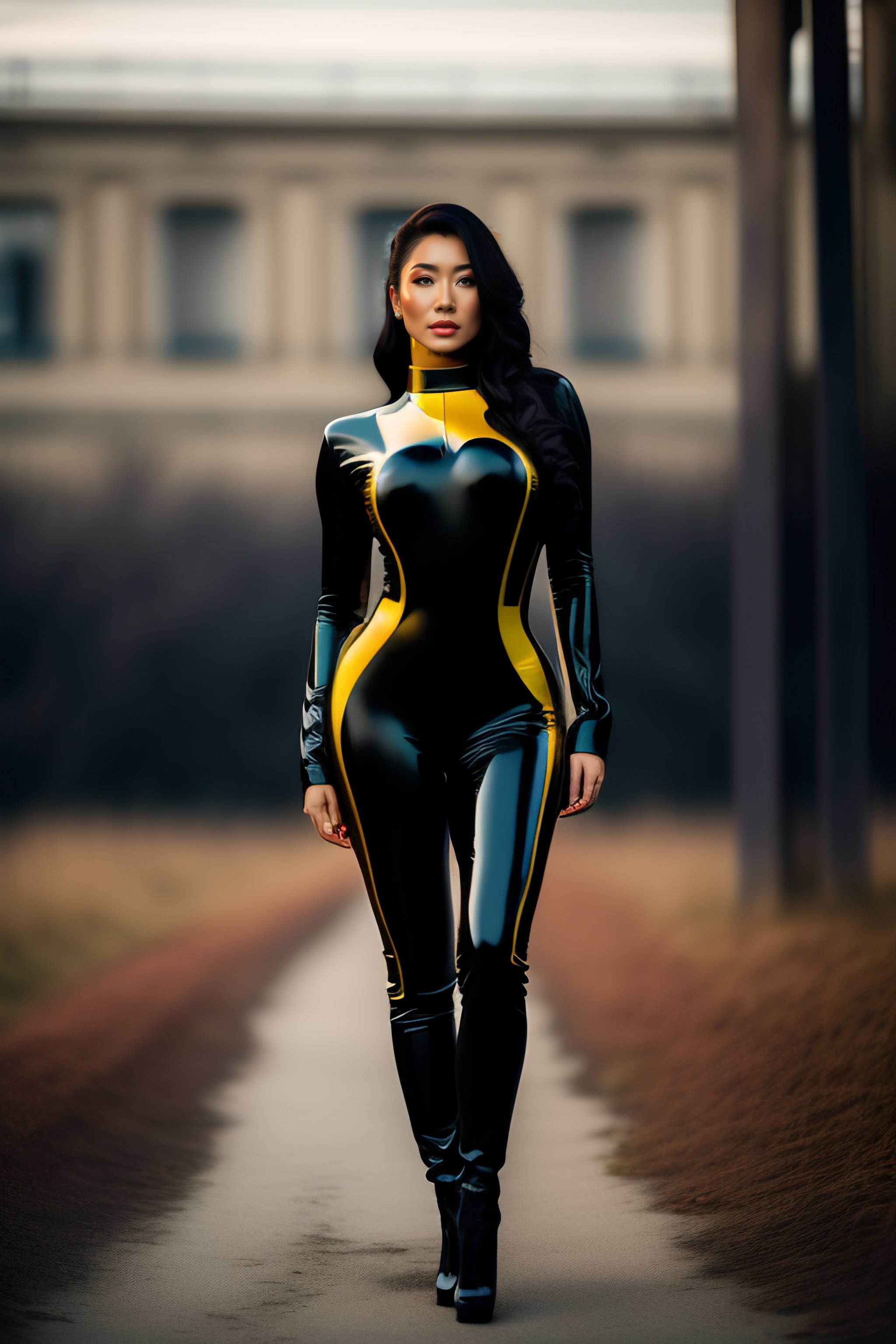 Lexica - A girl with a latex catsuit is posing for a photographer