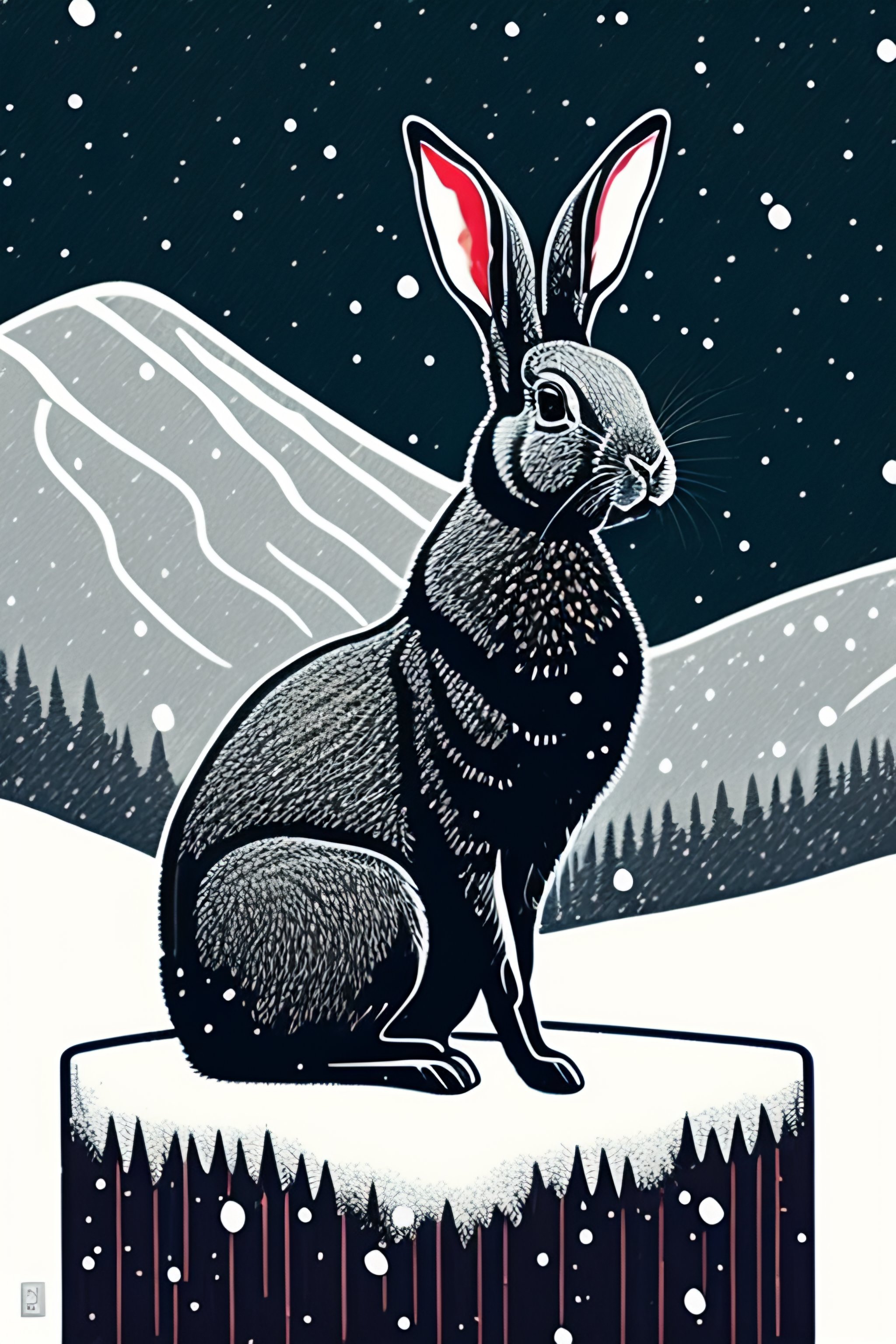 Lexica - A linocut paper print of a rabbit on top of a mountain in a ...