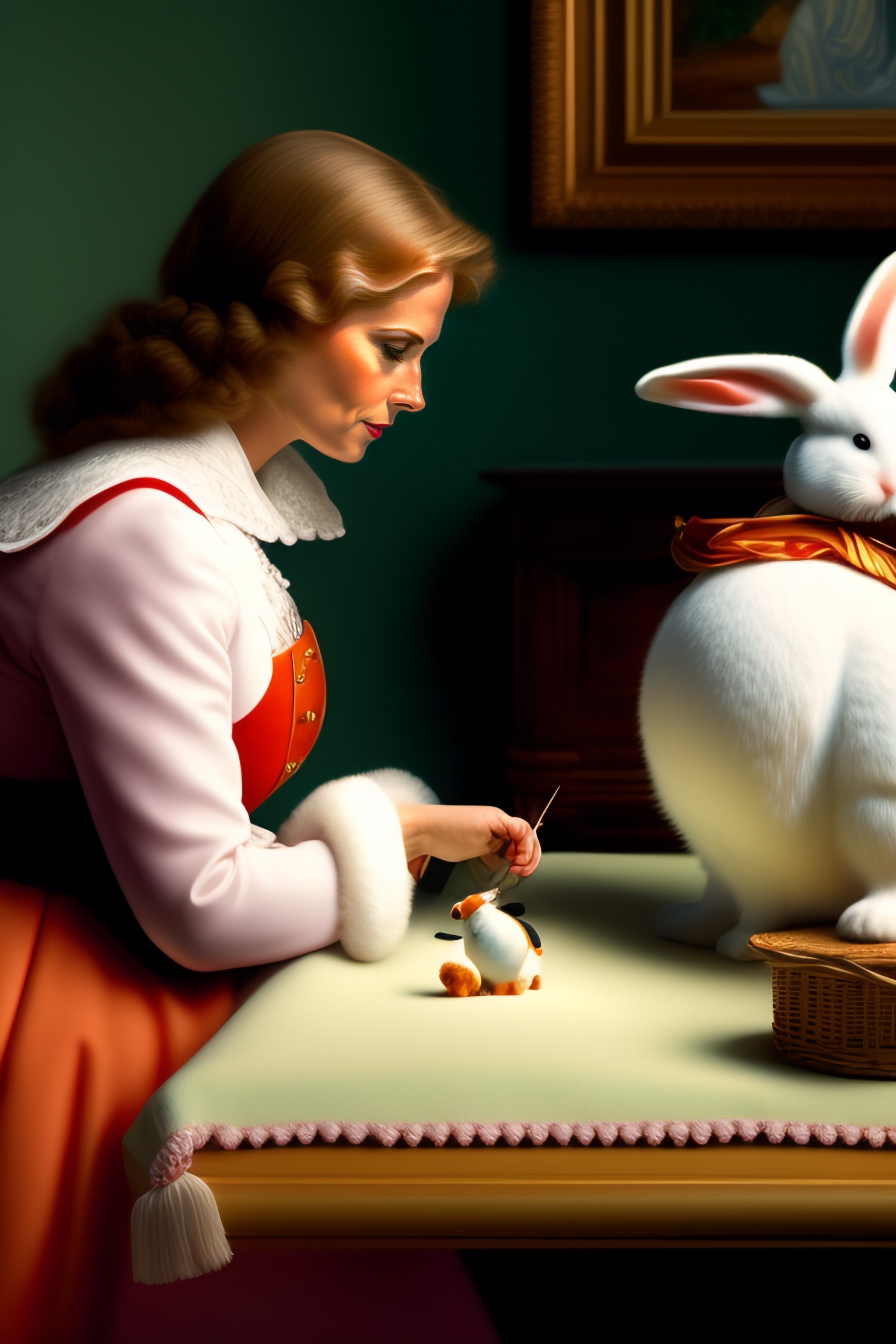 Lexica - A white woman is sitting sewing a little bunny out of fabric ...