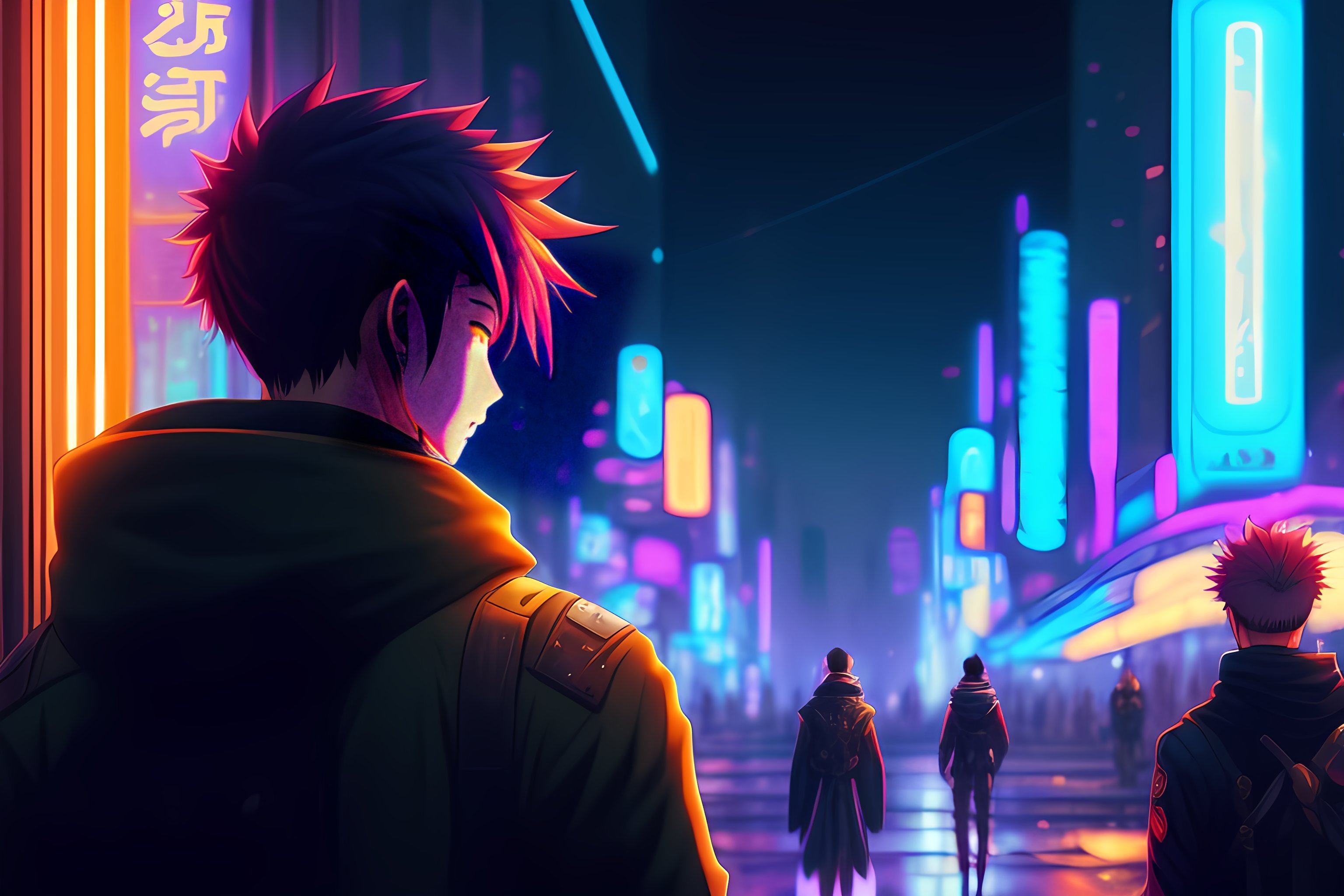 Lexica - Anime men listen music in a cyberpunk city in the night