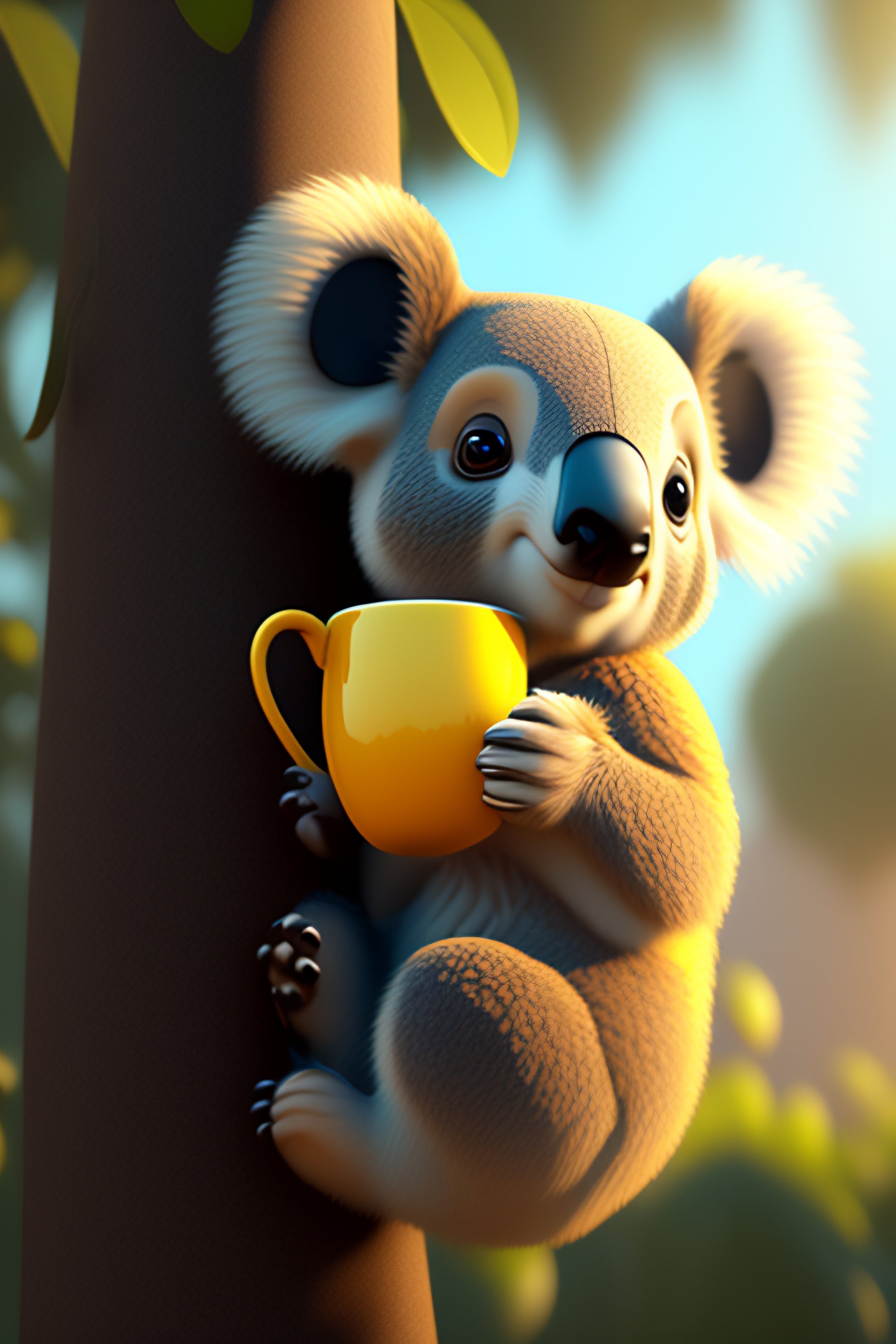 Lexica - Cute koala bear holding a coffee cup on a tree. pixar disney 4 k 3  d render funny animation movie oscar winning trending on artstation and b