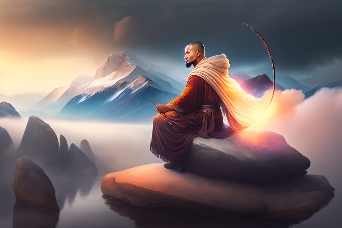 Lexica - Monk sitting on a rock with his back facing the camera. He is ...