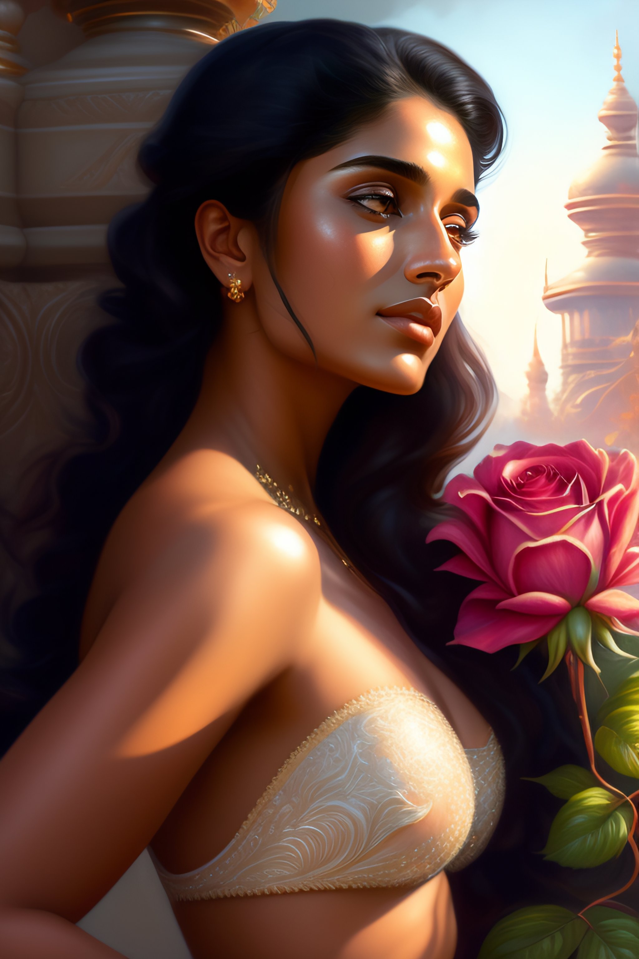 Lexica - Spanish woman niveda thomas, smelling a flower, roses everywhere,  highly detailed, silver bra with golden line design, large bra, with  golde