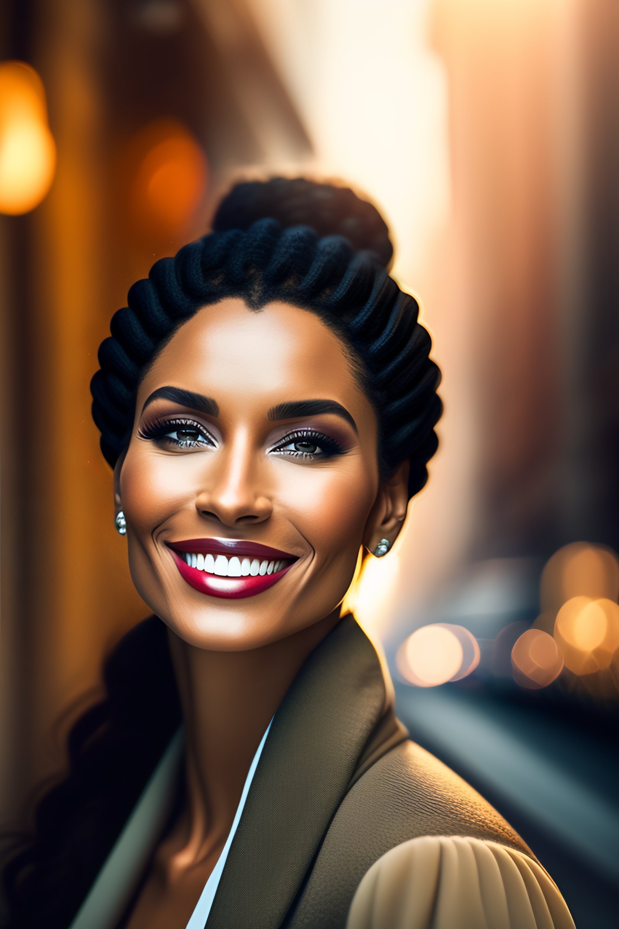 Lexica - Woman looking to the side and smiling in a city