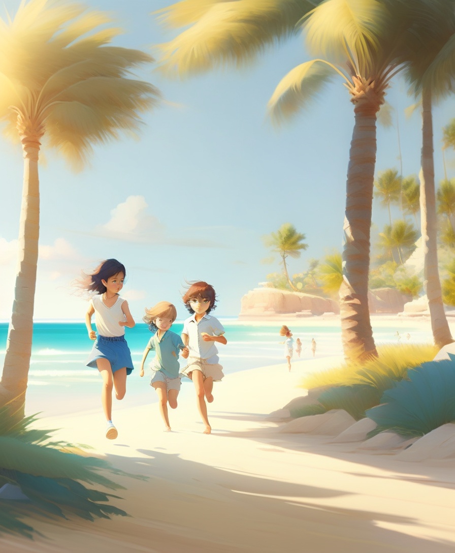 Lexica - Children running at the beach, afternoon light, palm tree ...