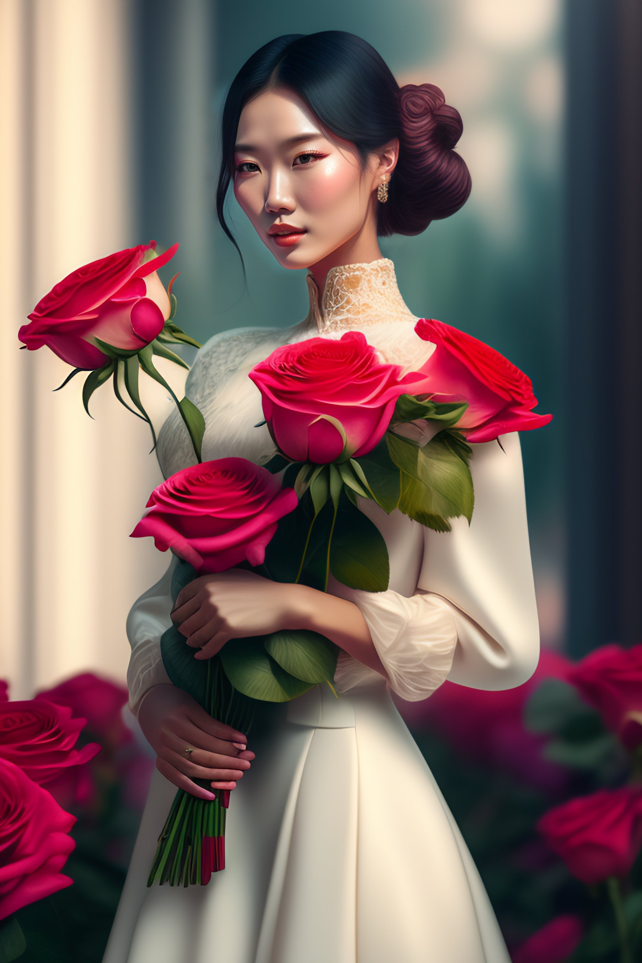 Lexica - Woman holding a bouquet of roses like a baby, hyper detailed ...