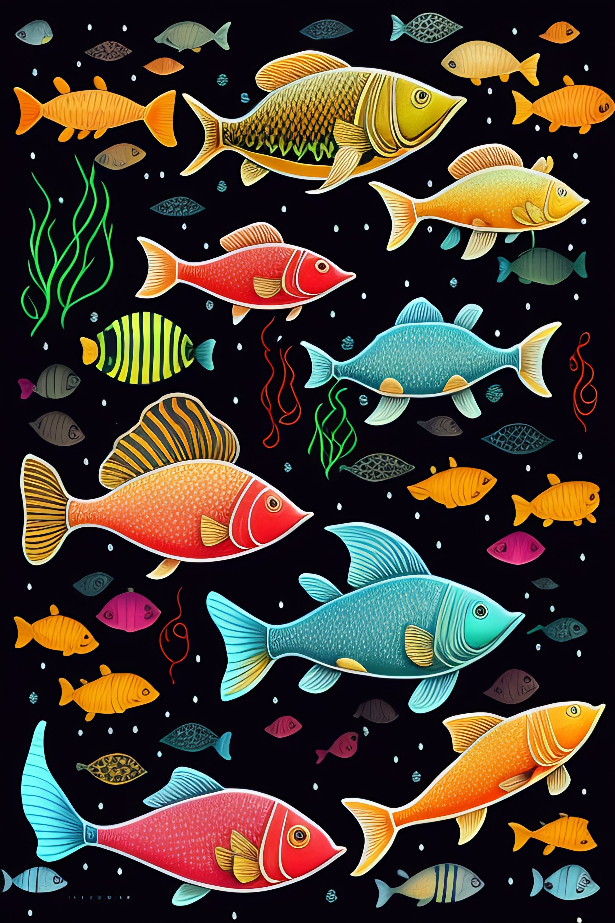 Lexica - Colorful, fishes chorales and sea weeds pale black paper, very ...