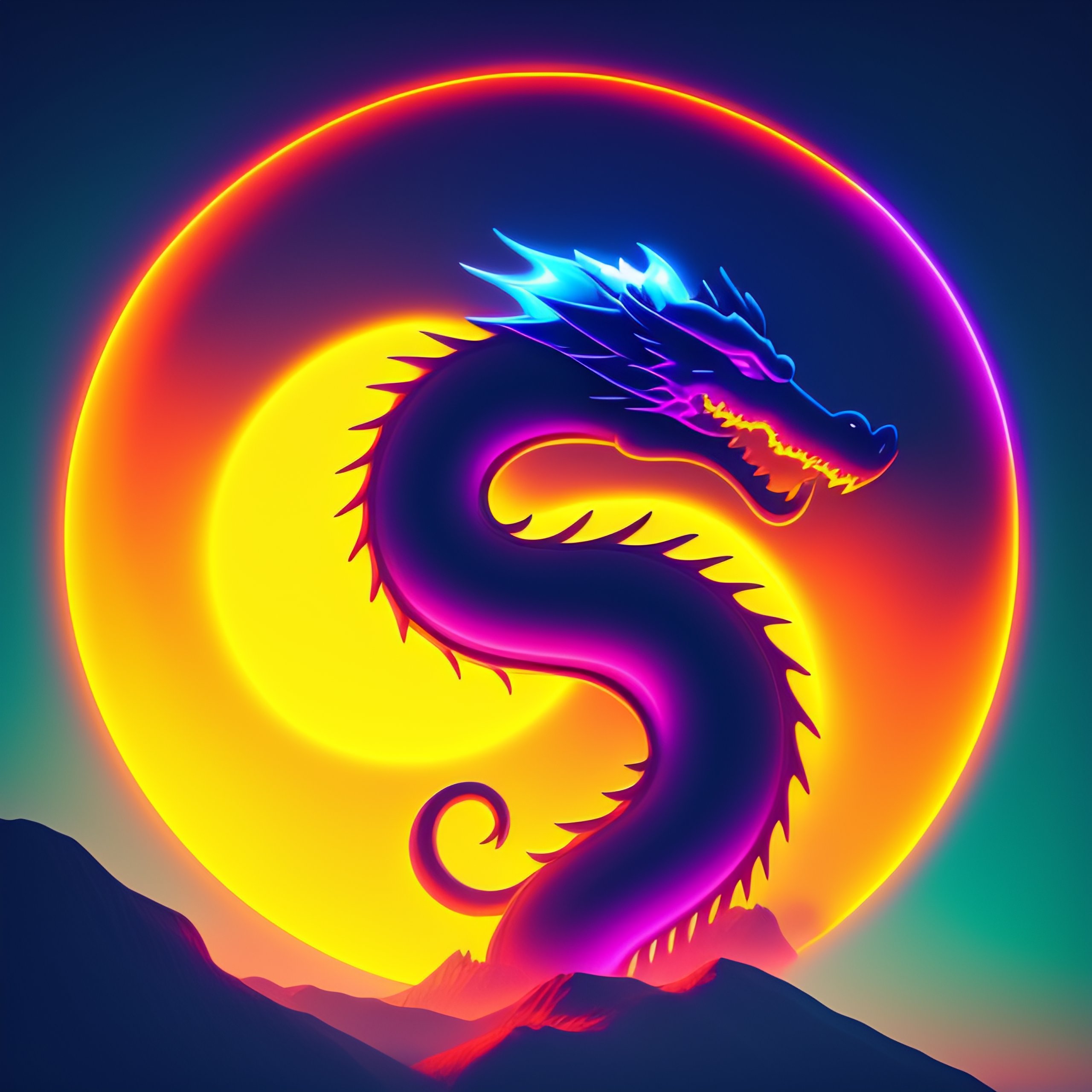 Lexica - Minimalist neon dragon over moon, gradient, rounded, menacing