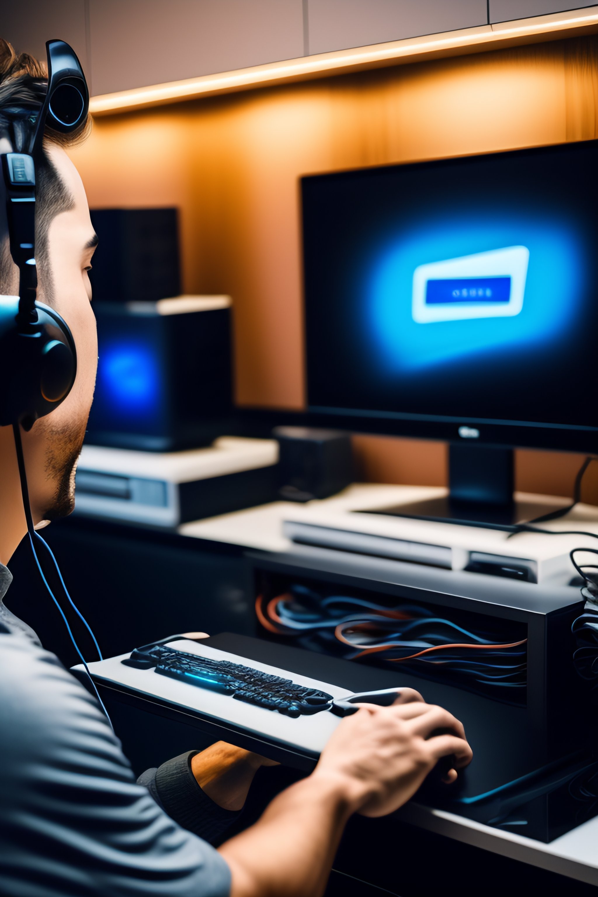 Lexica Youtuber typing on a mechanic keyboard with three screens in