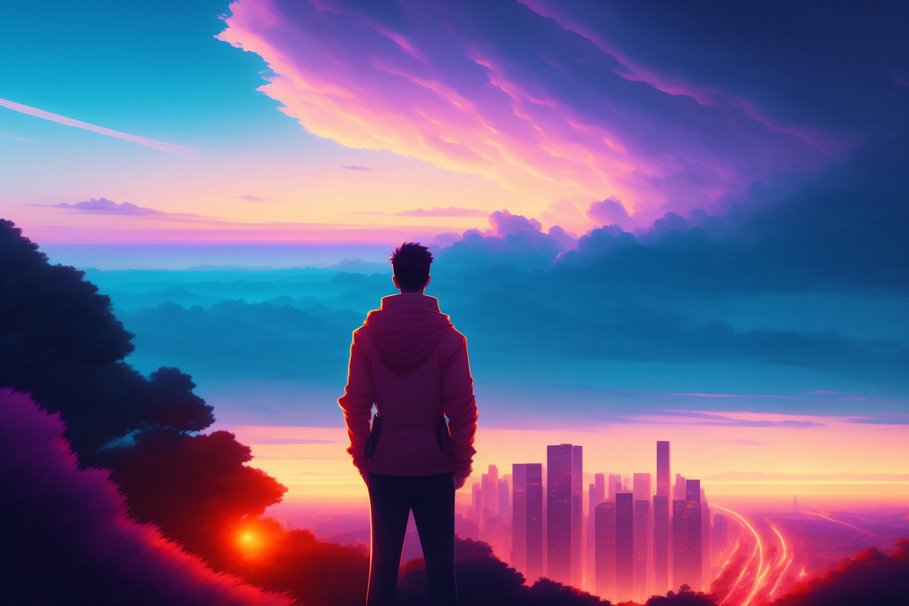 Lexica - A man was looking at the city in the distance on the hillside ...