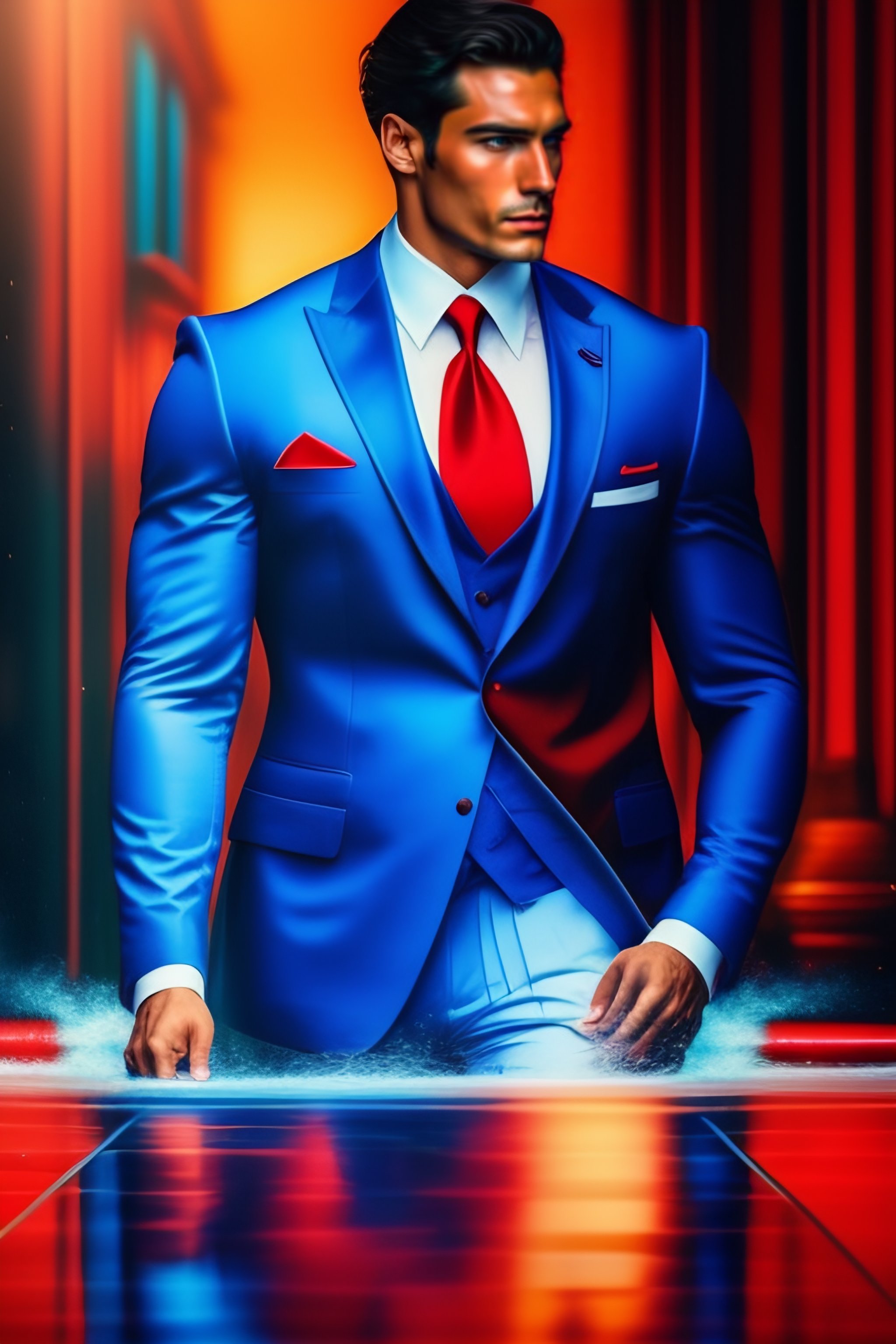 Blue suit red store shirt