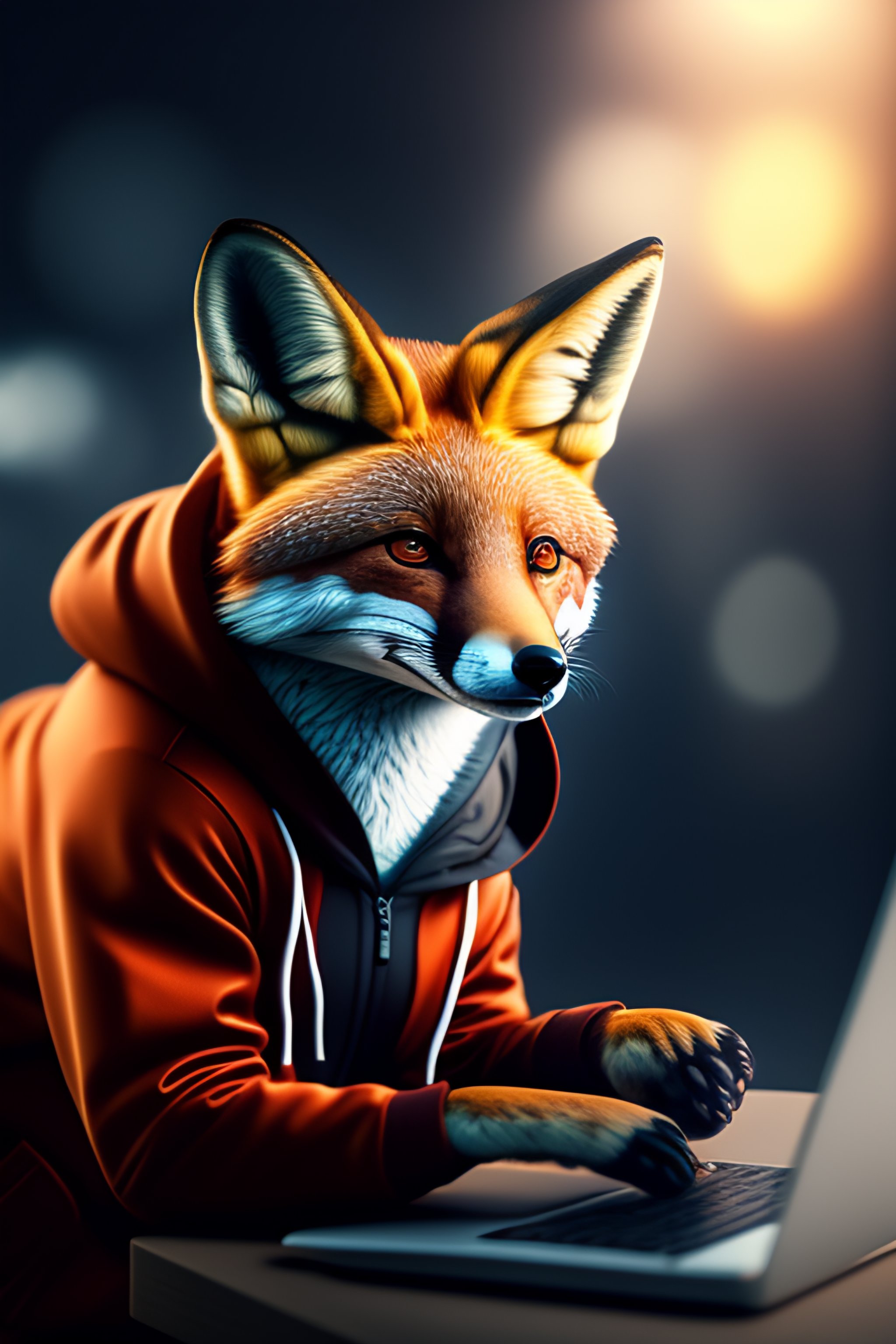 Lexica - Picture of an anthropomorphic fox in a hoodie, at a computer ...
