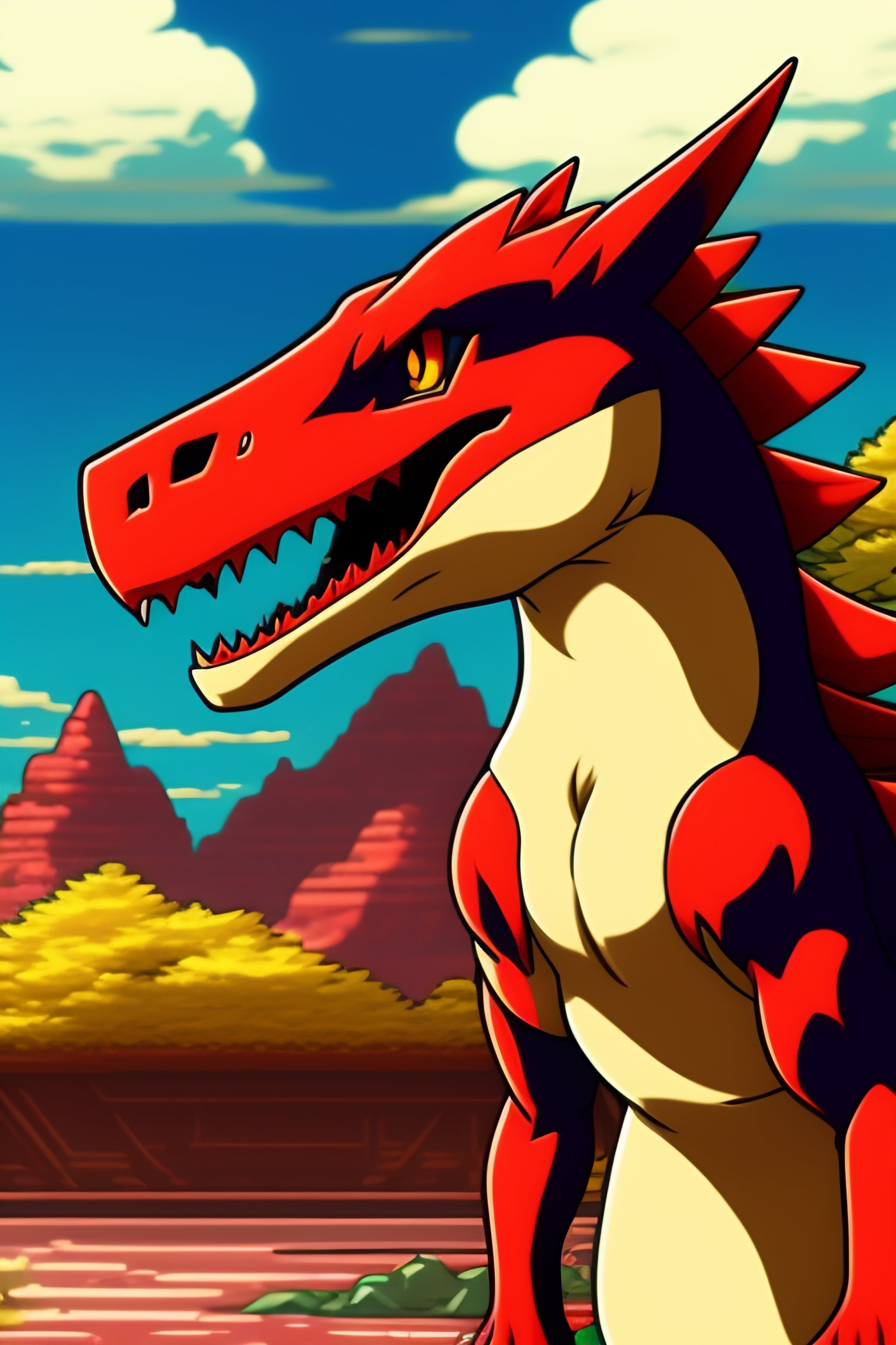 Lexica - Anime illustration of a Pokemon Red-Coloured Raptor Dinosaur