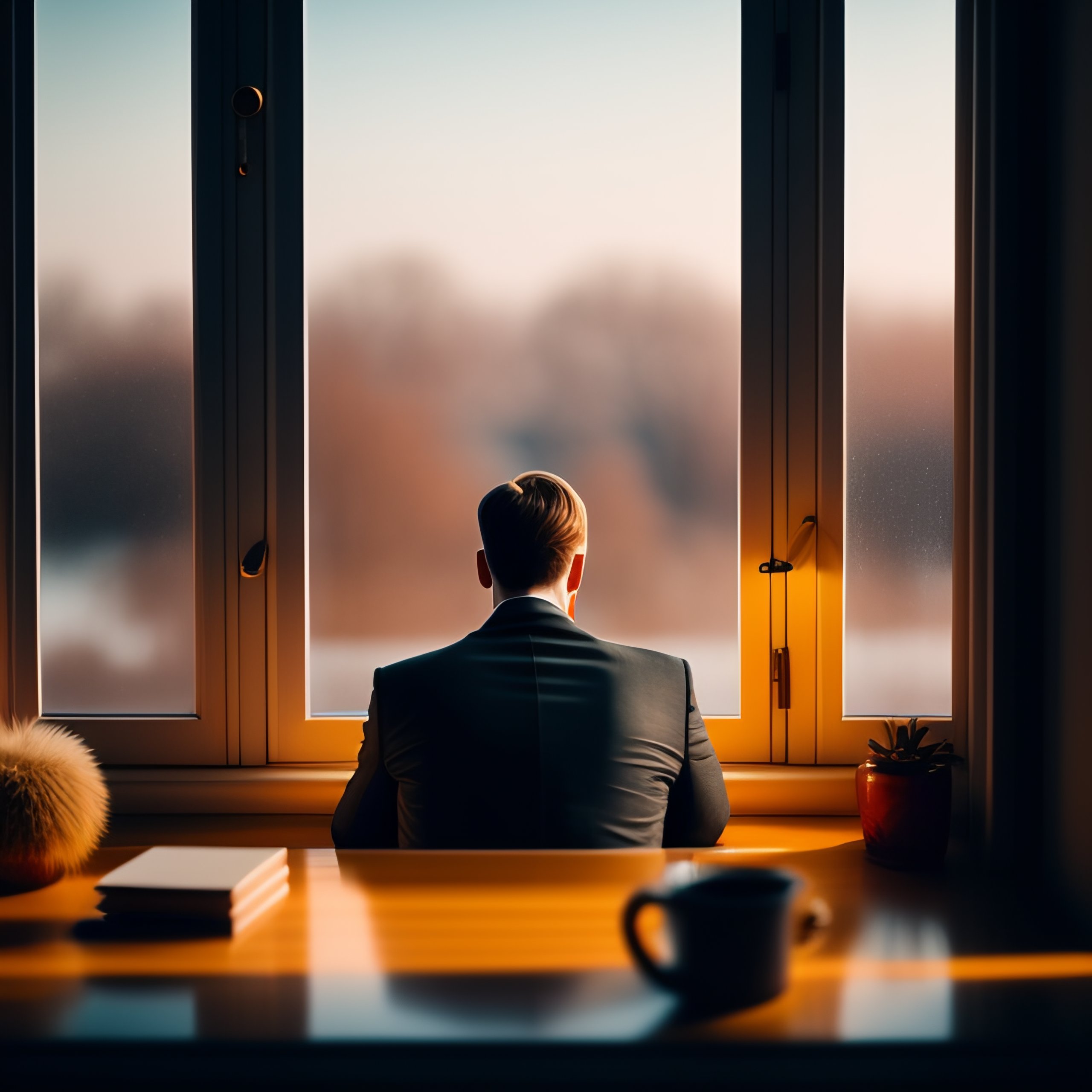 Lexica - Photography of a man sitting on his desk, wes Anderson style