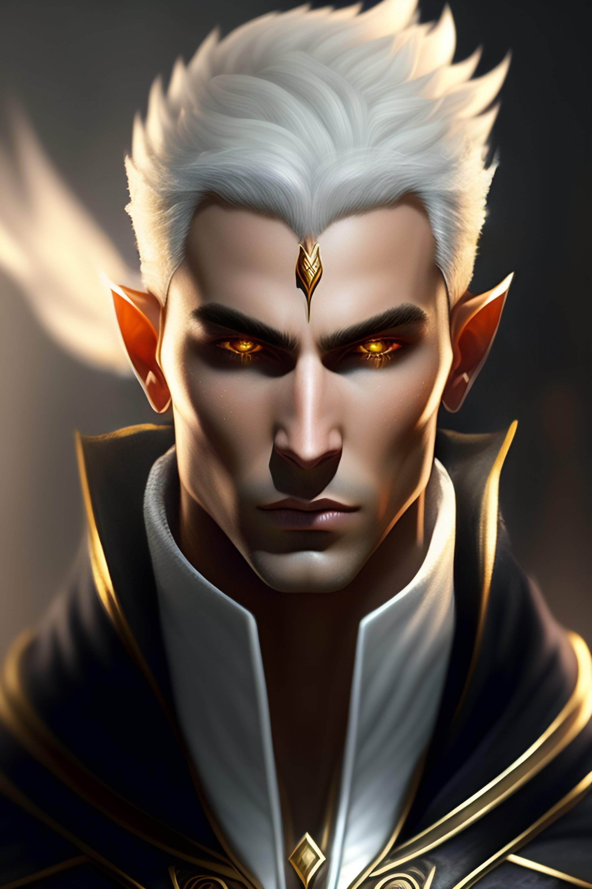 Lexica - Elf male rogue, white eyes, hd, black robe, white skin, gold hair