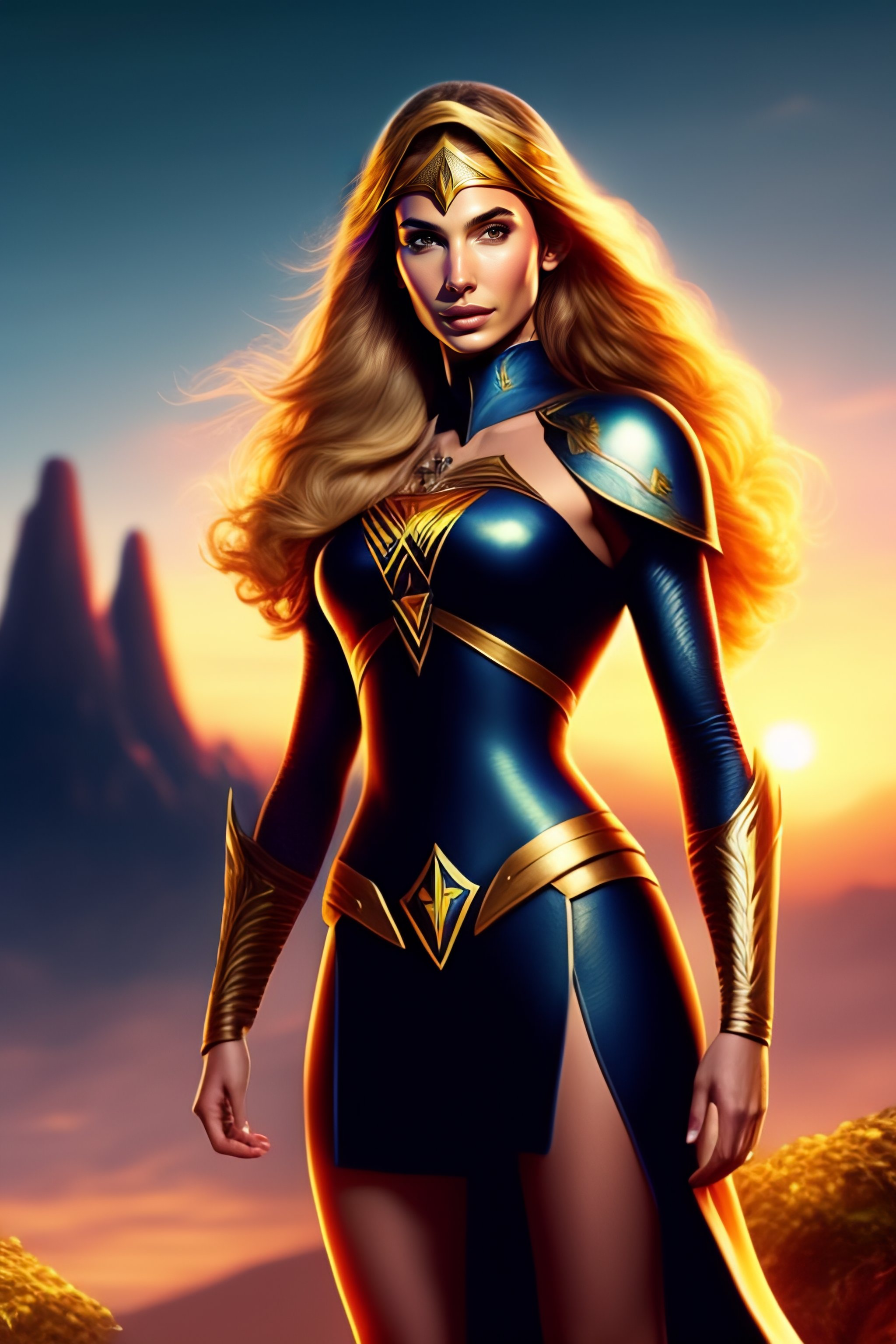 Lexica - Gal gadot as a Zelda game, trees in the background, flying, blonde  hair, full-body view, sunset light