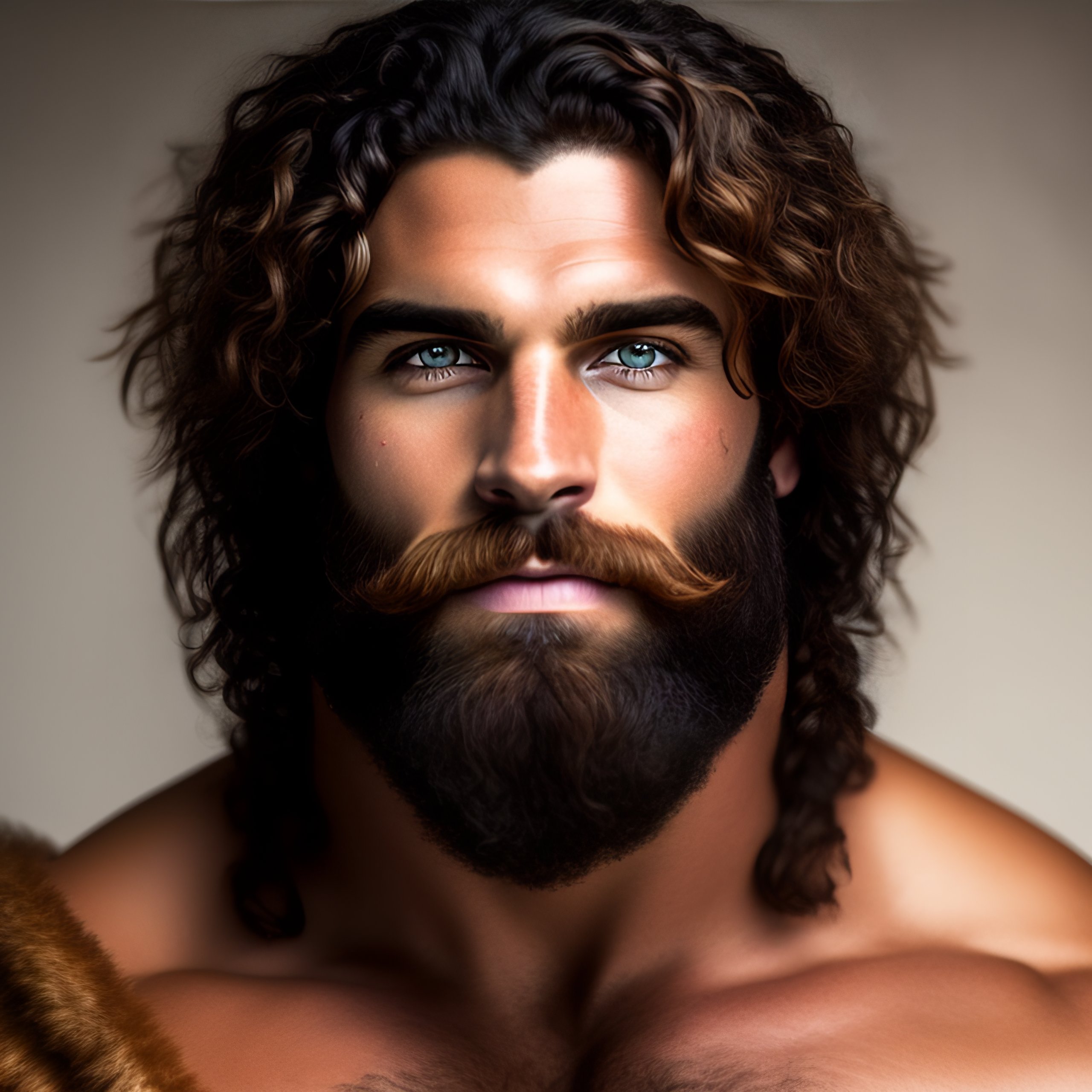 Lexica Male Barbarian Burly Rugged Messy Long Curly Hair Unkempt Beard Black Hair Honey 