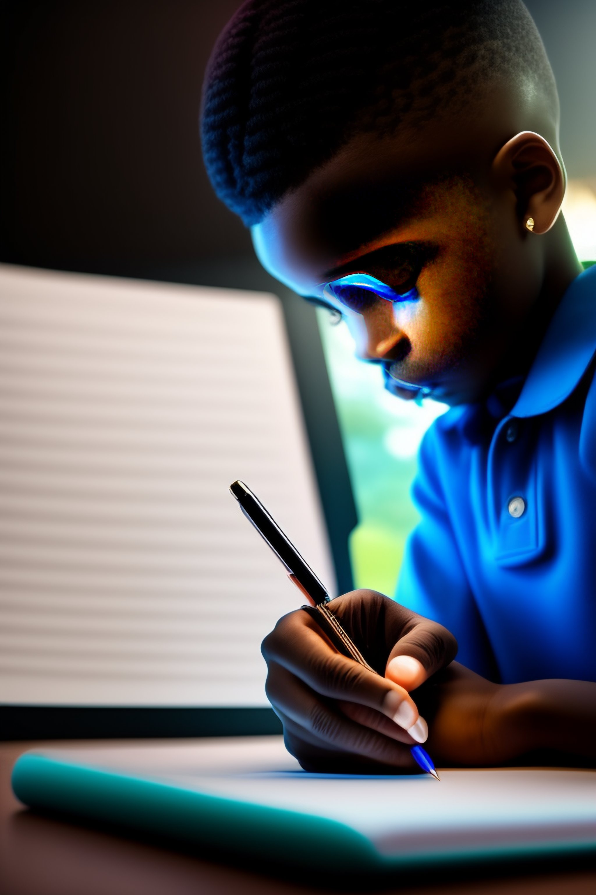 Lexica - Black background a cartoonish boy is writting his notes while ...