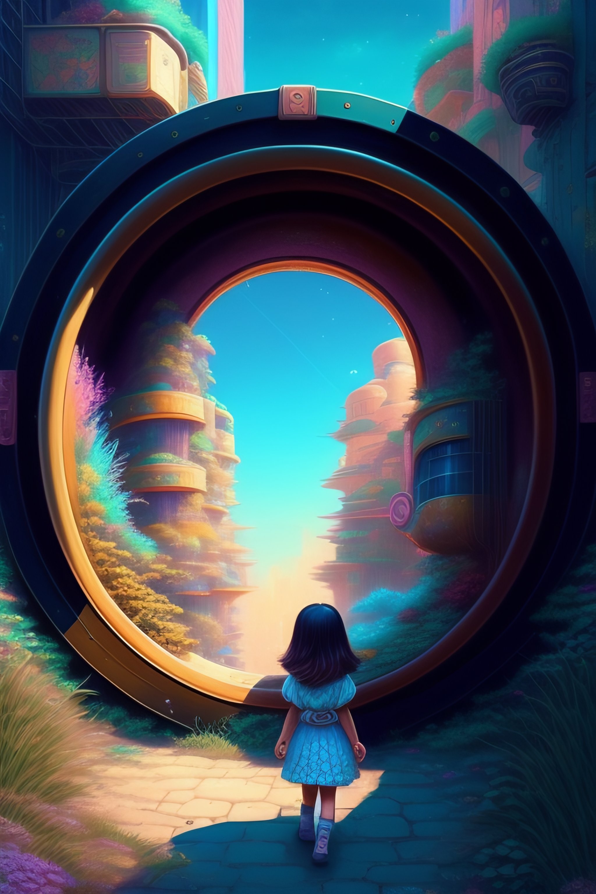 Lexica - A little girl on a dilapidated sidewalk looking through a ...