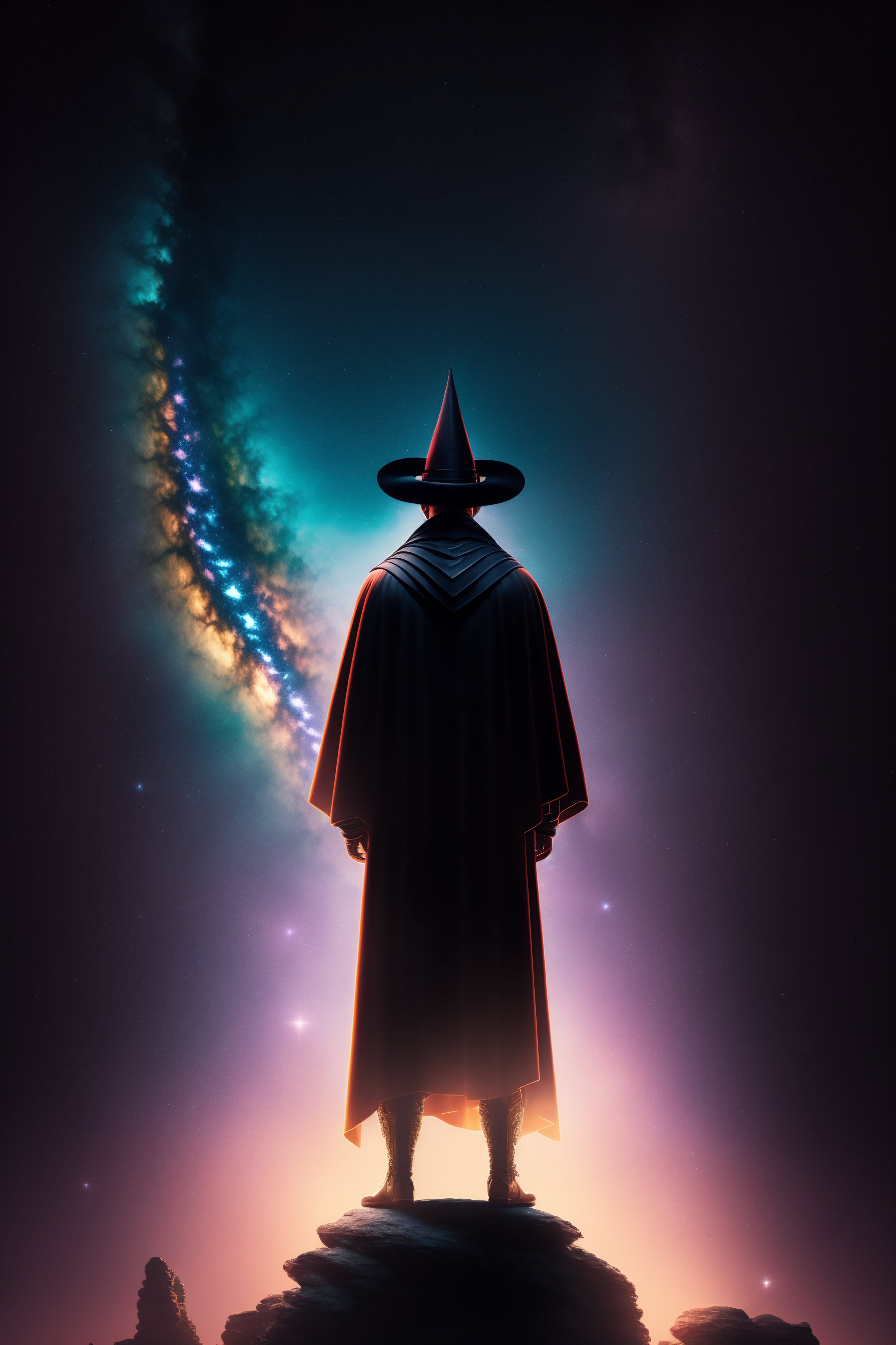Lexica - Silhouette of a wizard in a robe and broad-brimmed pointed hat ...