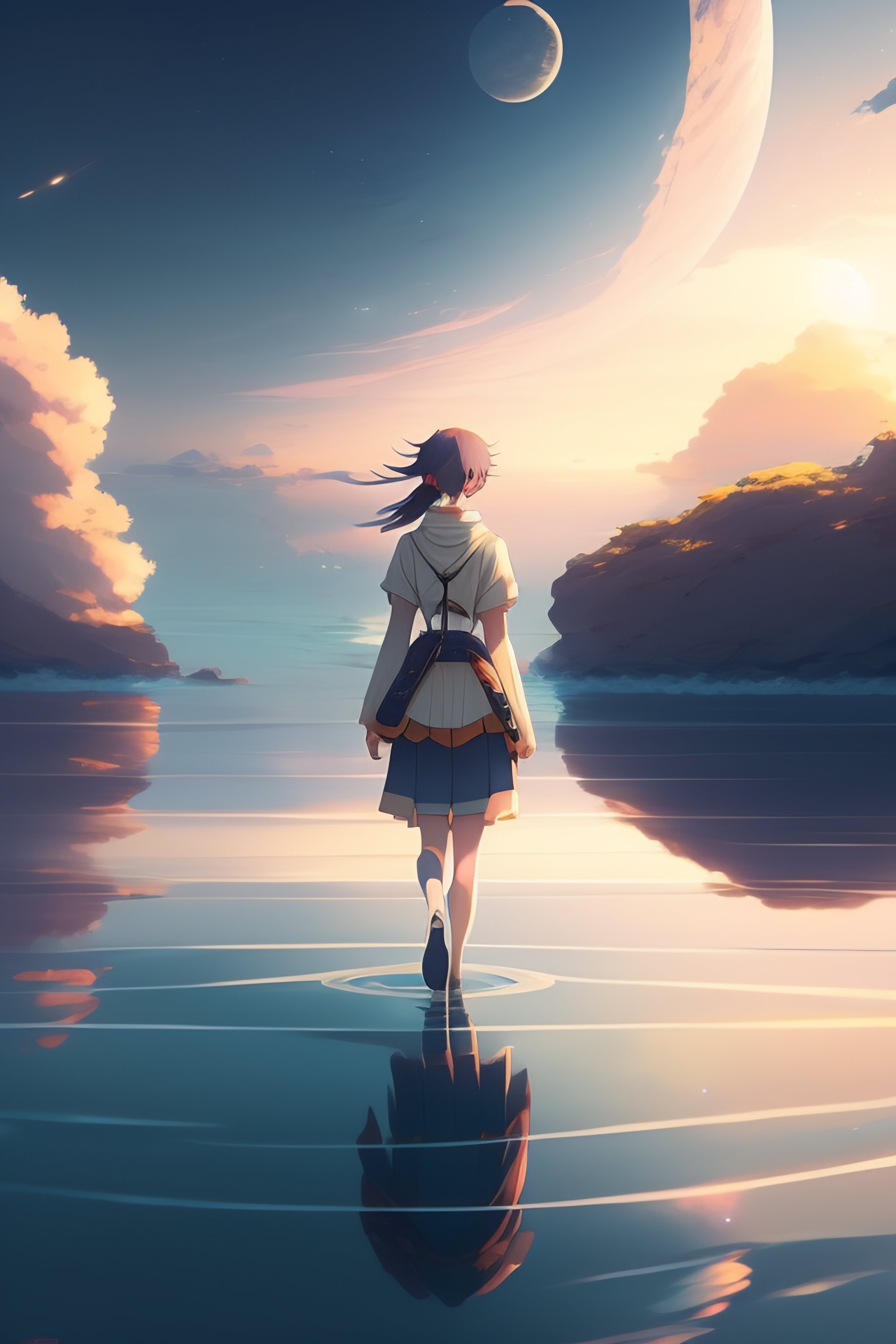 Lexica Anime Girl Walking On Water Ripples Backdrop Of Dawn Saturn In The Background 