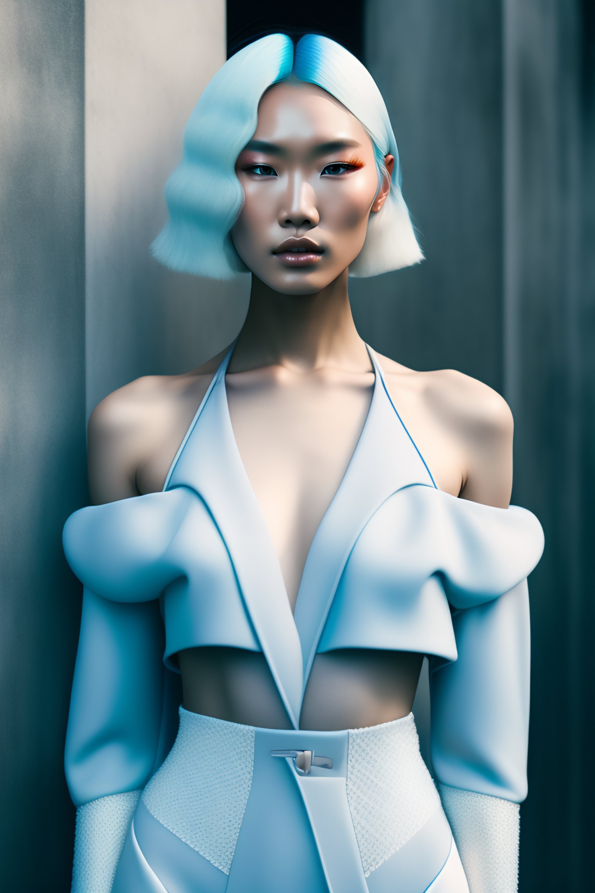 Lexica - Portrait of haute couture beautiful albino asian fashion model  with pale blue hair, ethereal dreamy foggy, photoshoot by Alessio Albi ,  edit...