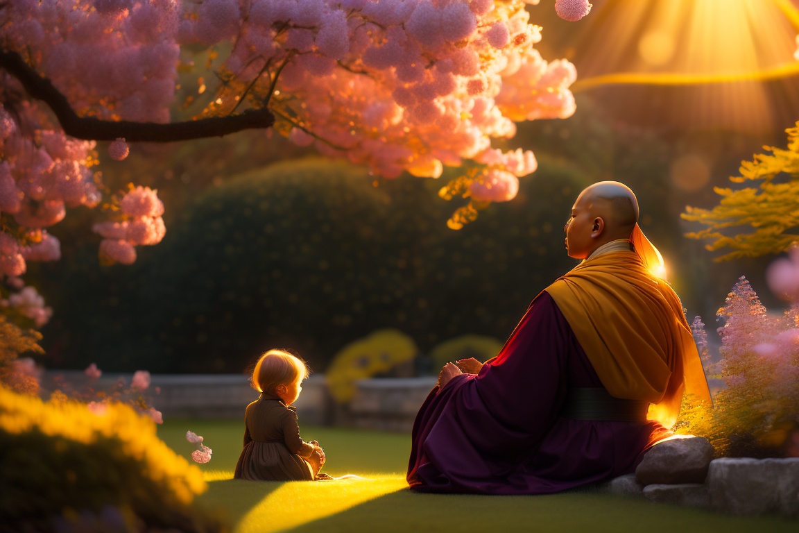 Lexica - A serene garden bathed in golden sunlight, with a woman ...