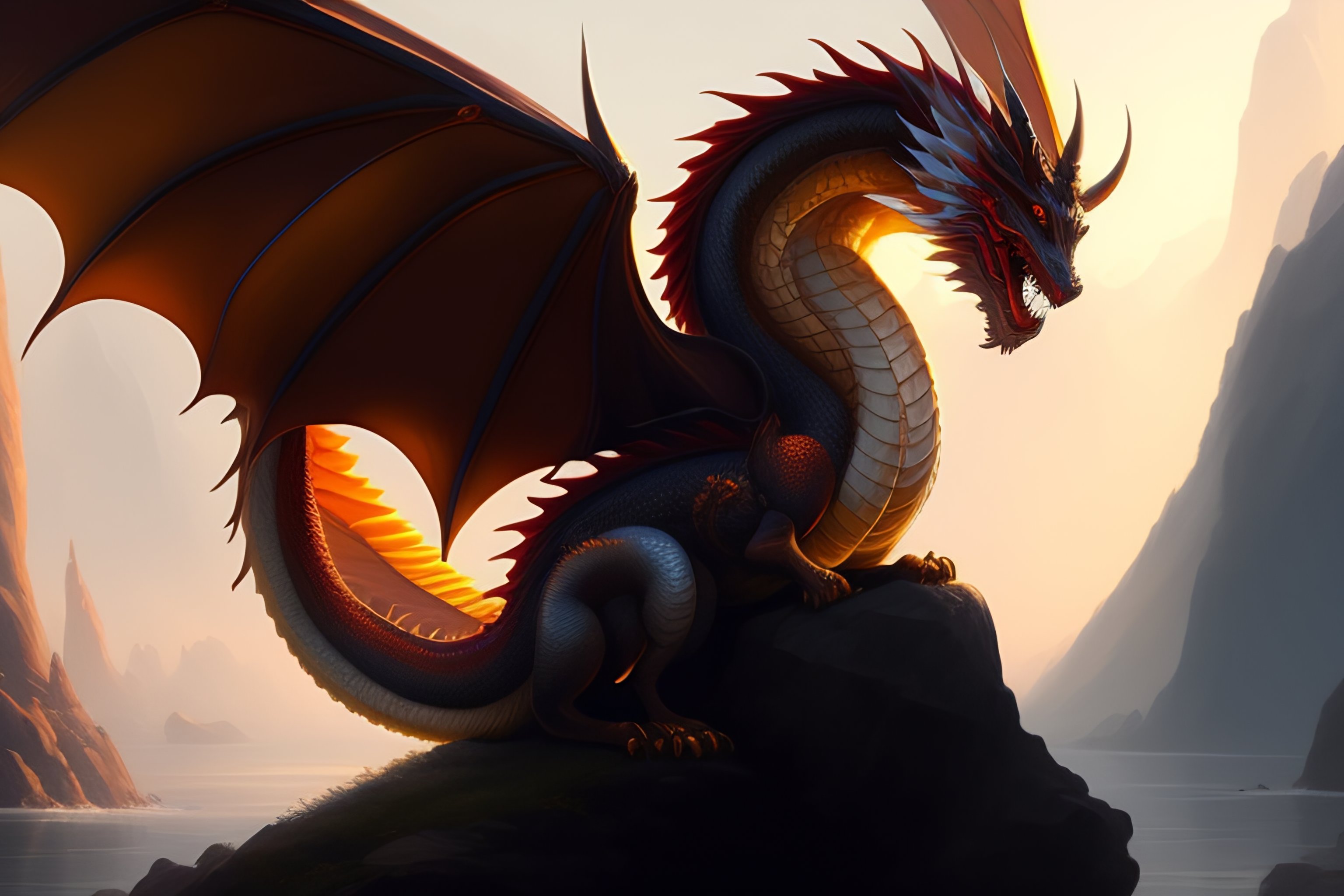 Lexica - Painted of Dragon on the island, heavenly light, fantasy ...