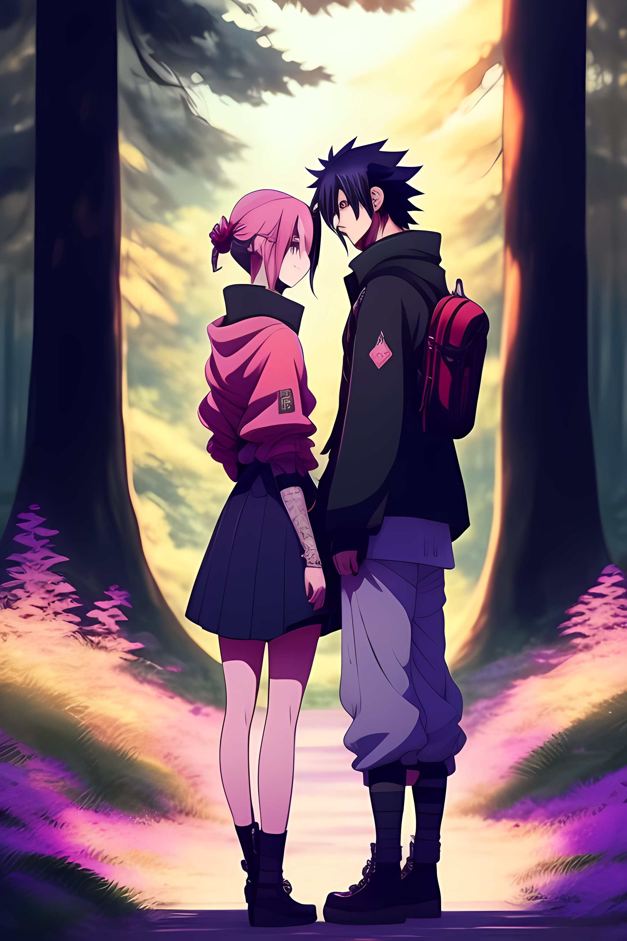 Lexica - Sasuke Uchiha and Sakura Haruno, in their early 20s, travelling in  a forest, beautiful lighting, anime
