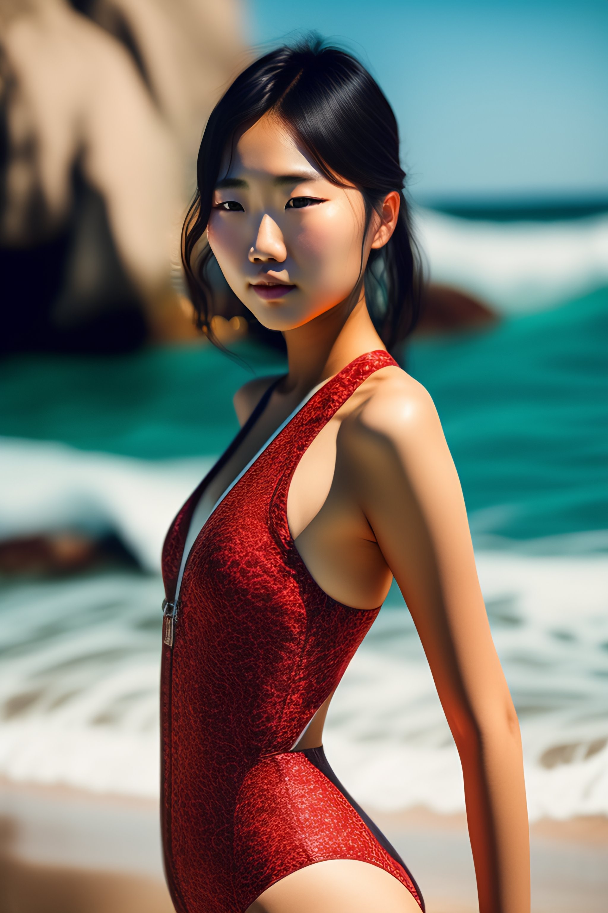 Lexica Japanese girl in a waist length swimsuit in the sea