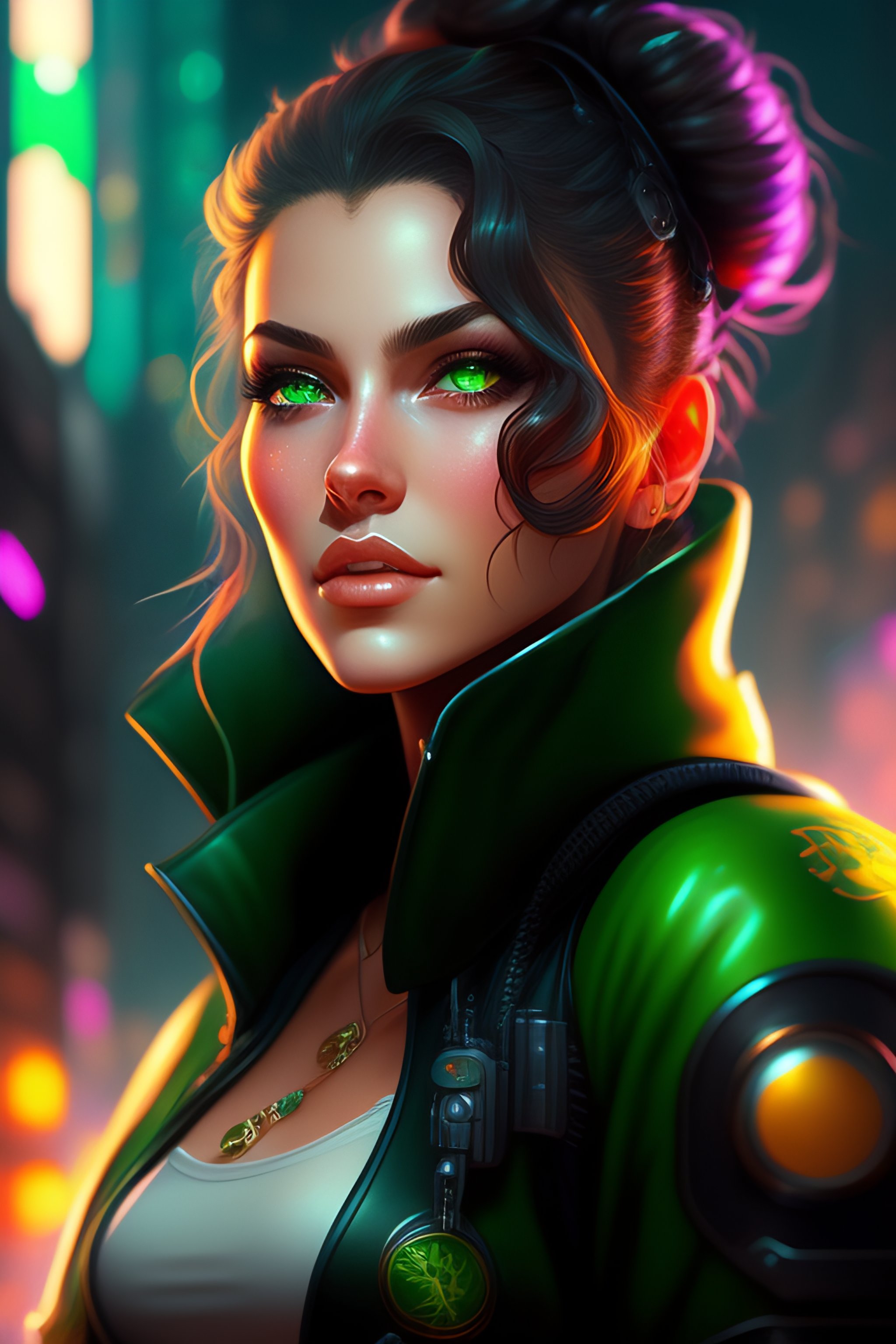 Lexica - A detailed painting of a cute cyberpunk girl with green eyes ...