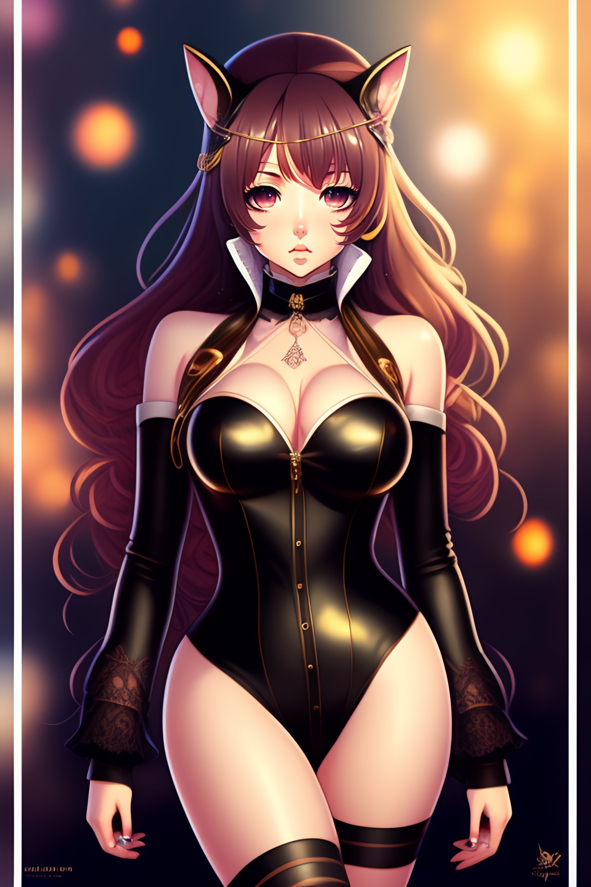 Lexica - Full body anime portrait of a cute, bunny suit leather bodysuit,  bra, velvet stockings,shoes, lace, android girl round eyes,long hair  ,dress...