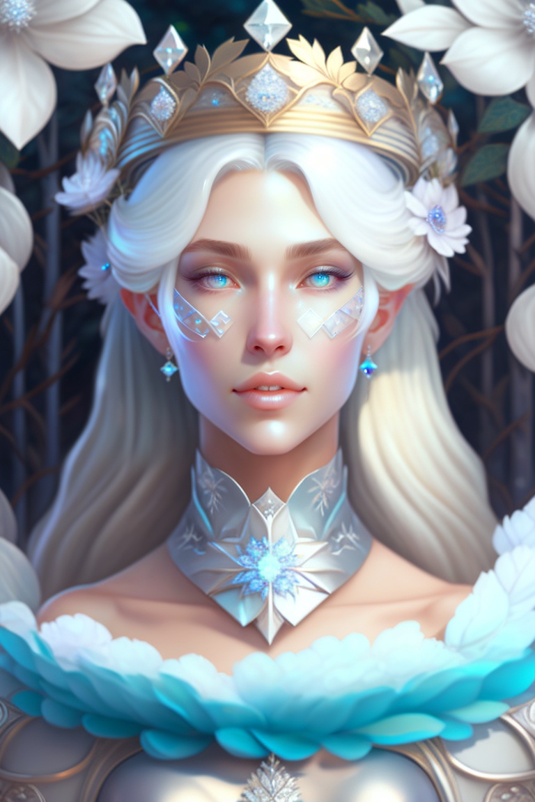 Lexica - Woman with platinum hair, in a dress of ice flowers, a ...