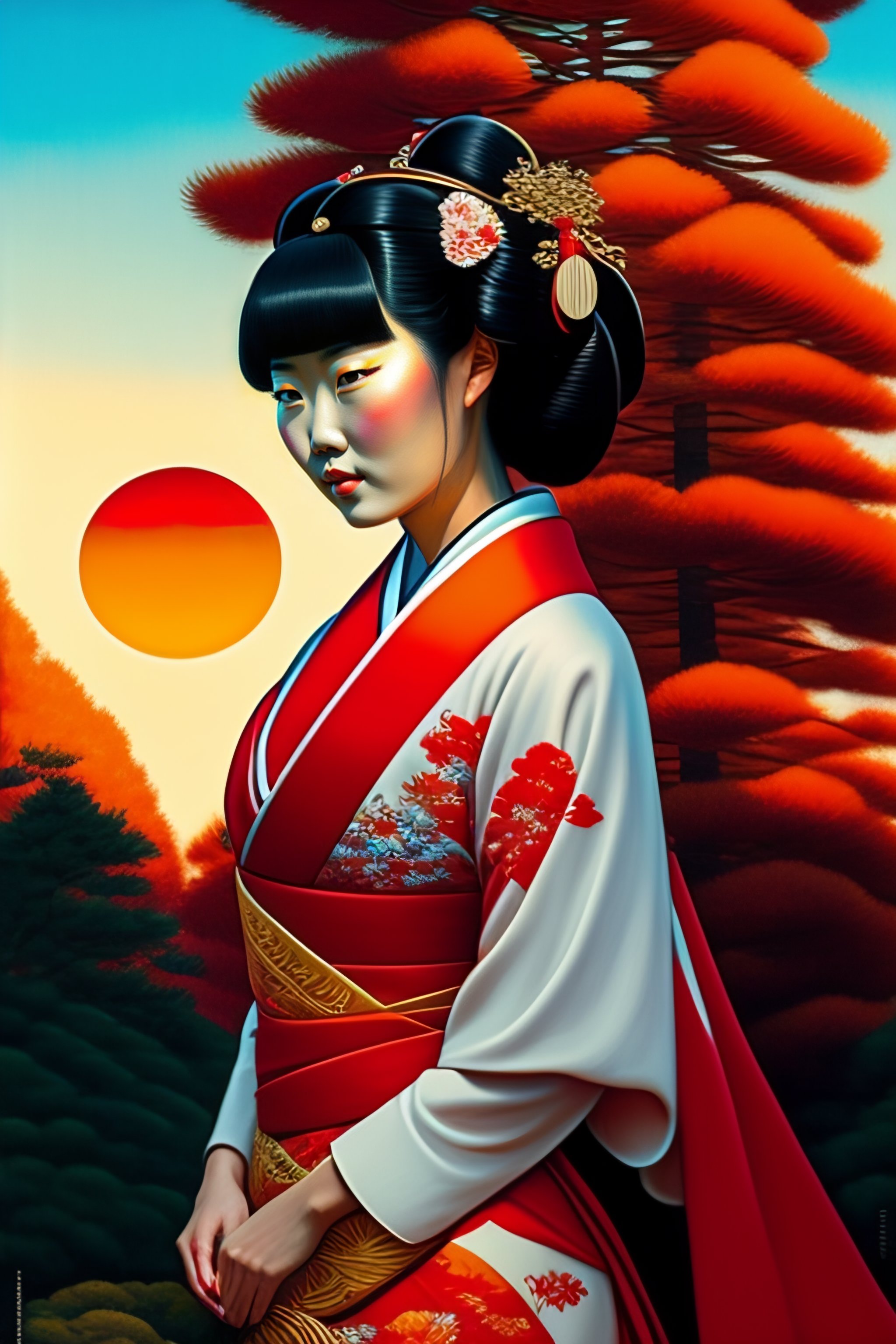 Lexica Painting Of A Geisha With European Features Entering A Japanese Pine Forest By Range