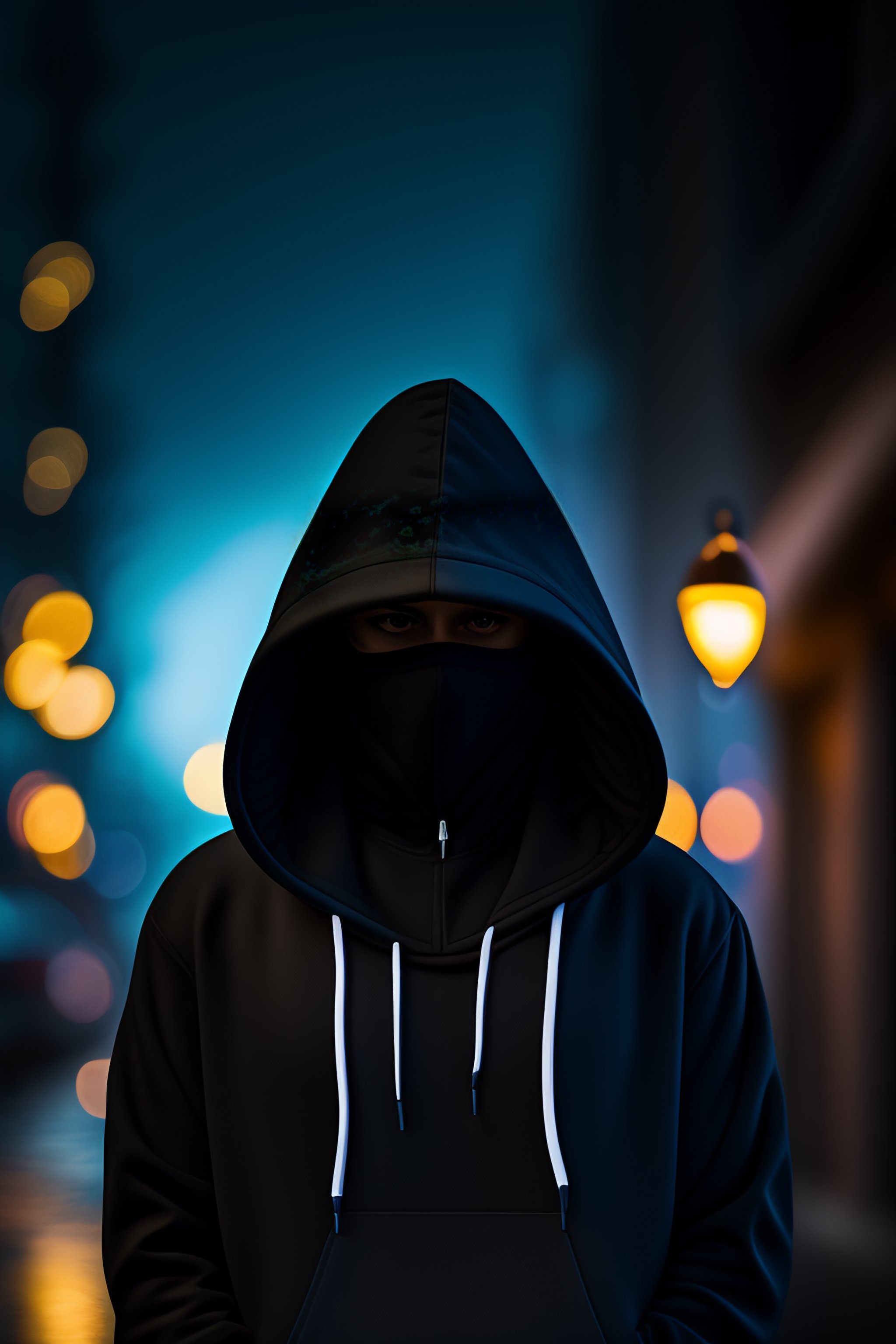 Lexica - Photograph of hacker with balck hoody, dark with ambiat light ...