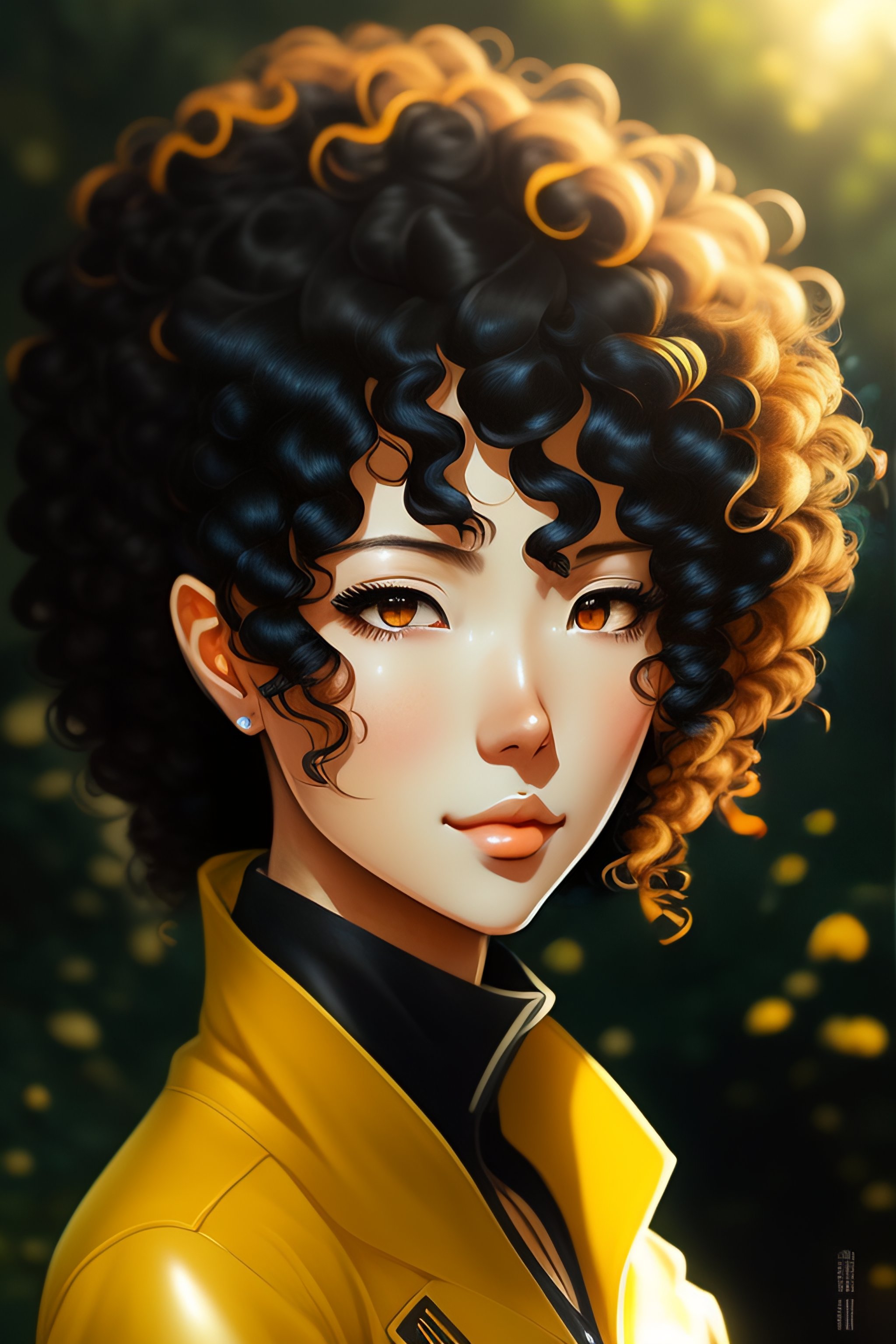 Lexica - Anime portrait of yellow girl with black curly hair, anime  masterpiece, highly detailed