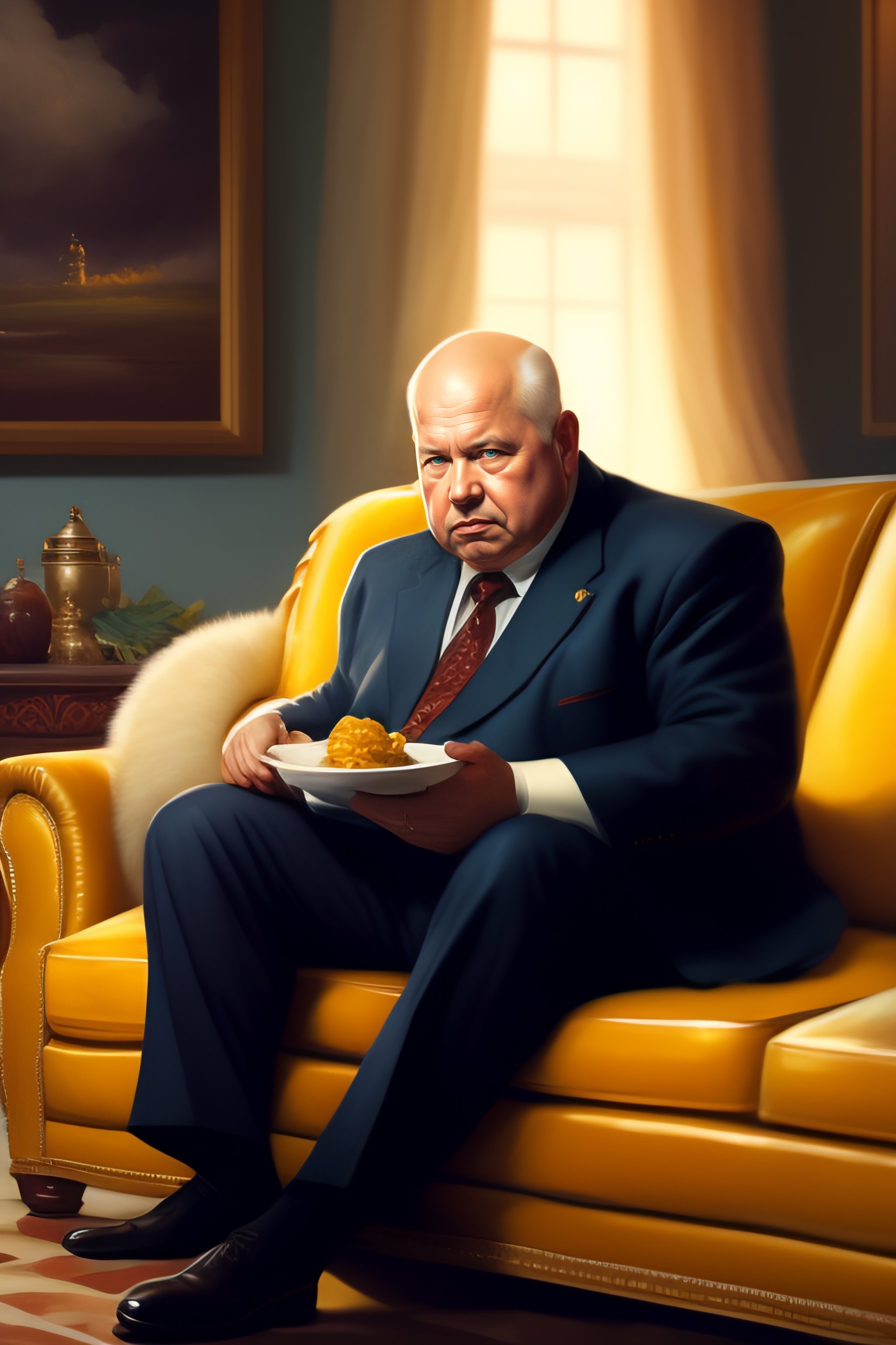 Lexica Nikita Khrushchev Sitting On A Couch And Eating A Bowl Of Corn