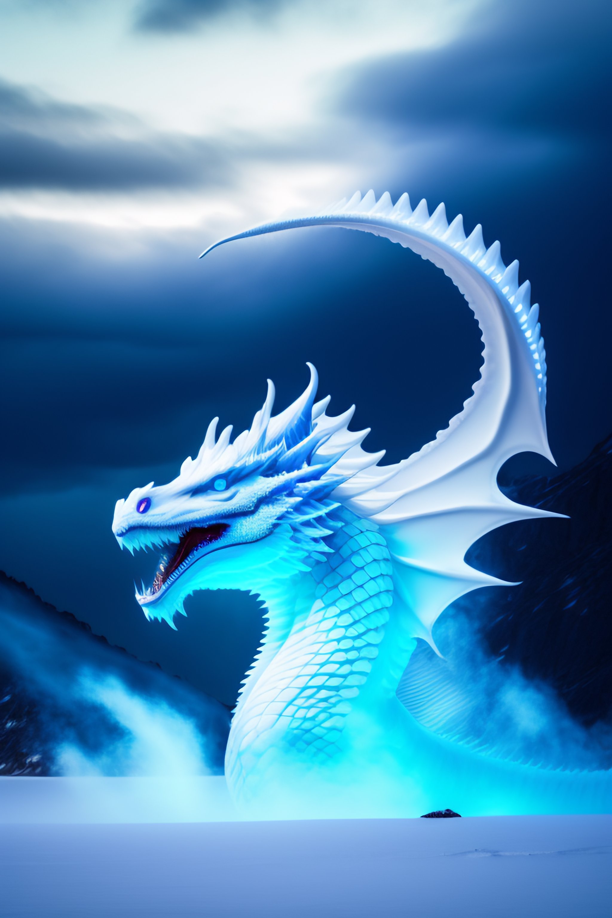 Lexica - Big white albino dragon breathing out blue flames night