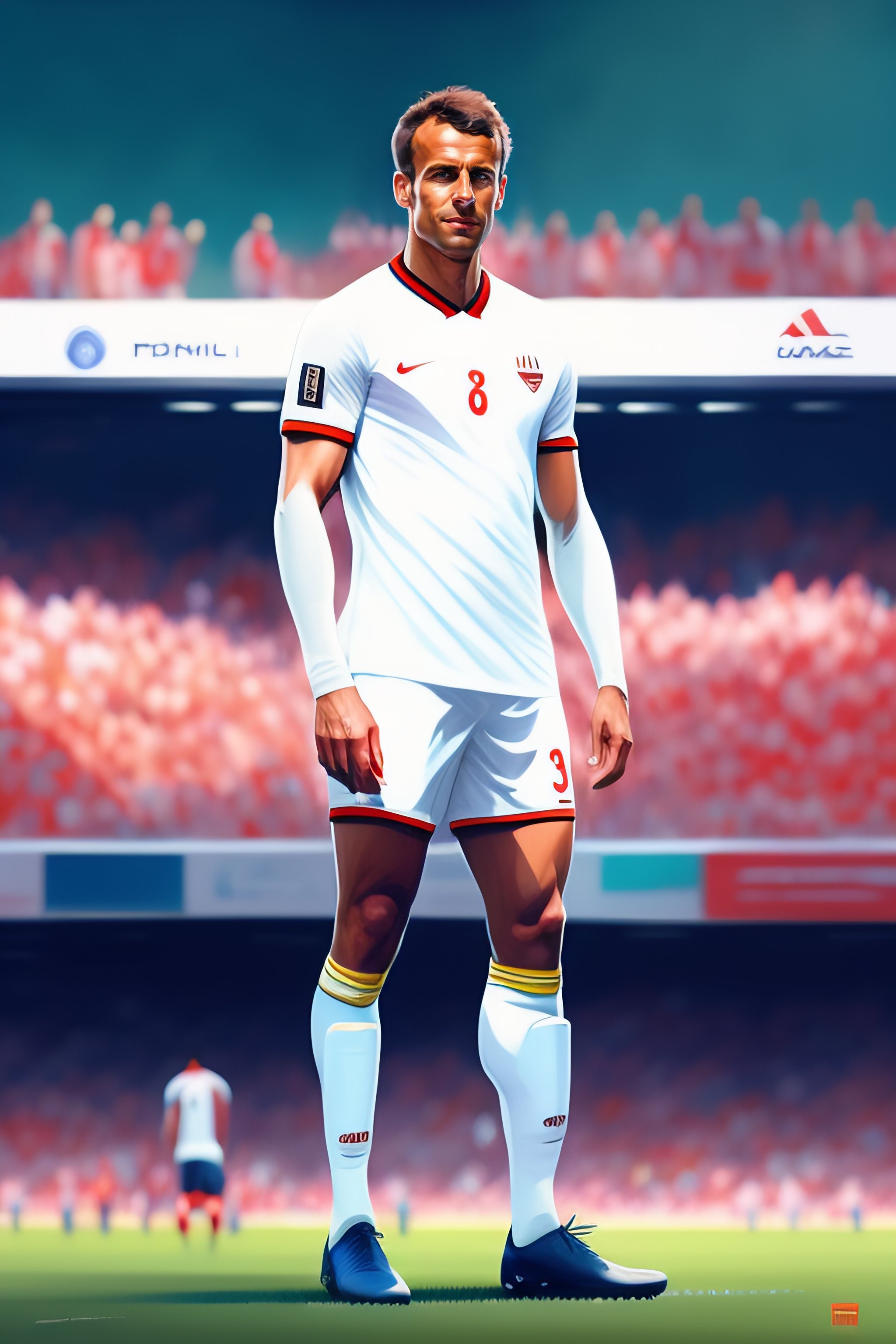 Lexica - Emmanuel Macron wearing soccer outfit, full body, cute fine face, soccer  player, rounded eyes, digital painting, fan art, pixiv, by Ilya Kuv...