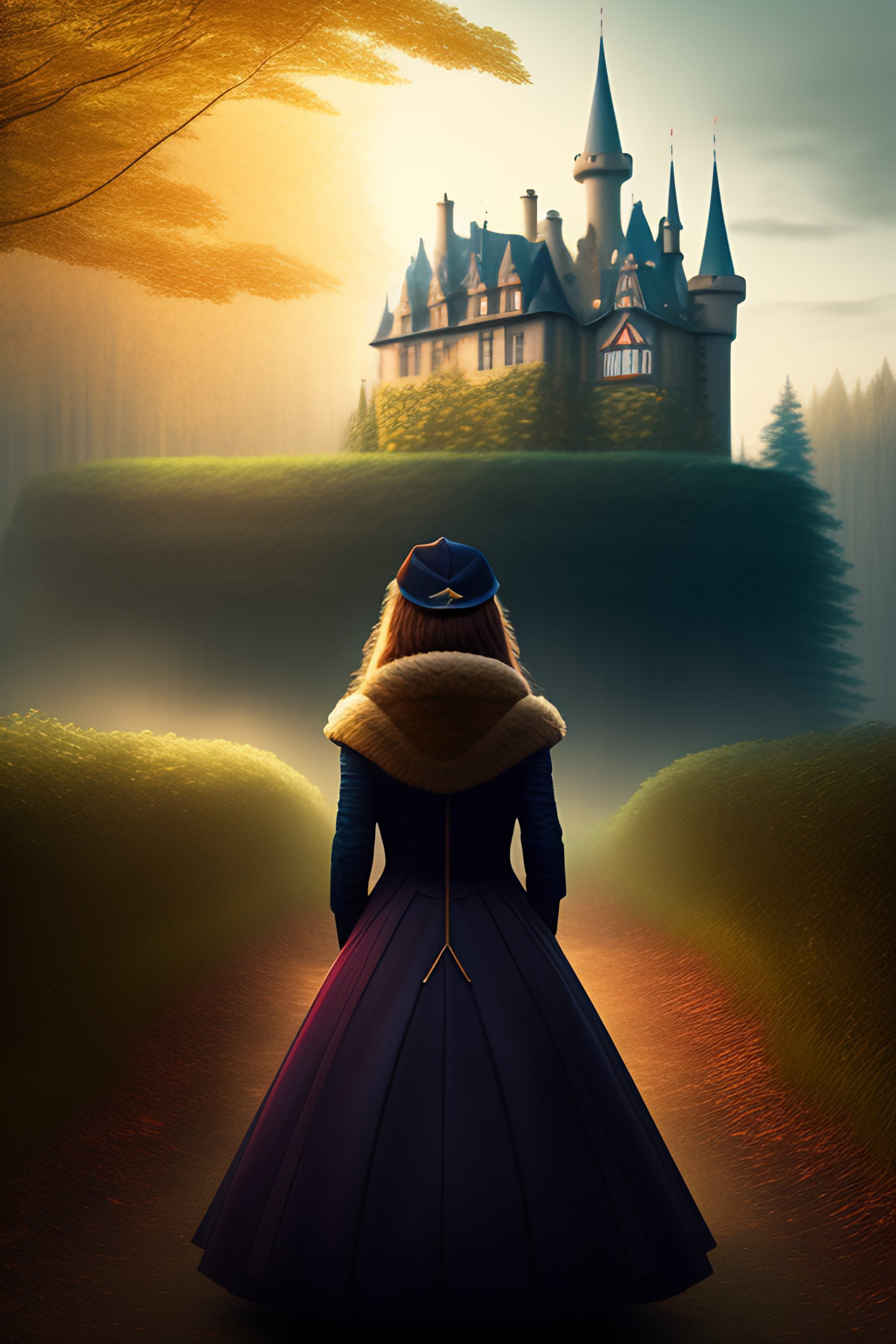Lexica - A girl near a mysterious castle in front of the forest