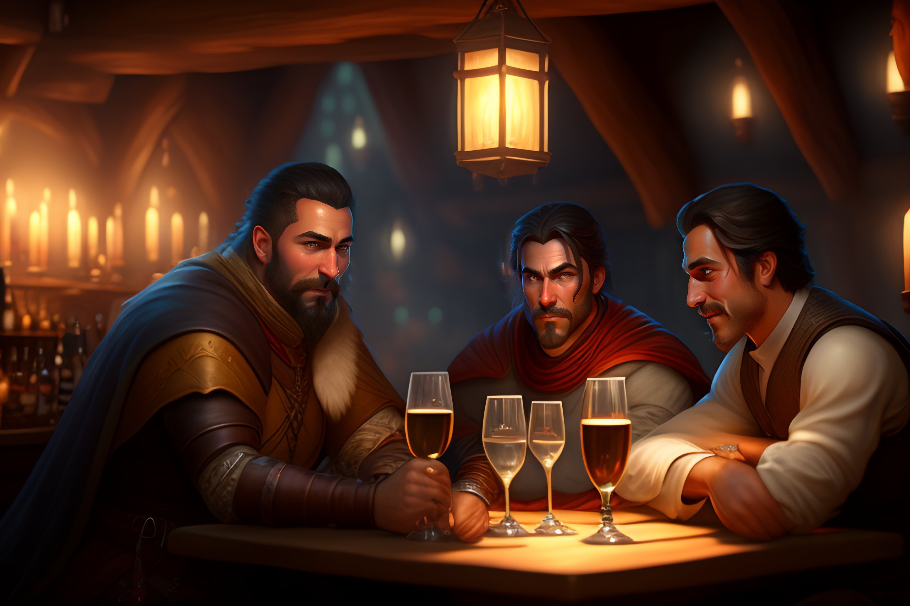 Lexica - 3 drunks at a table, interior tavern, medieval, high fantasy ...