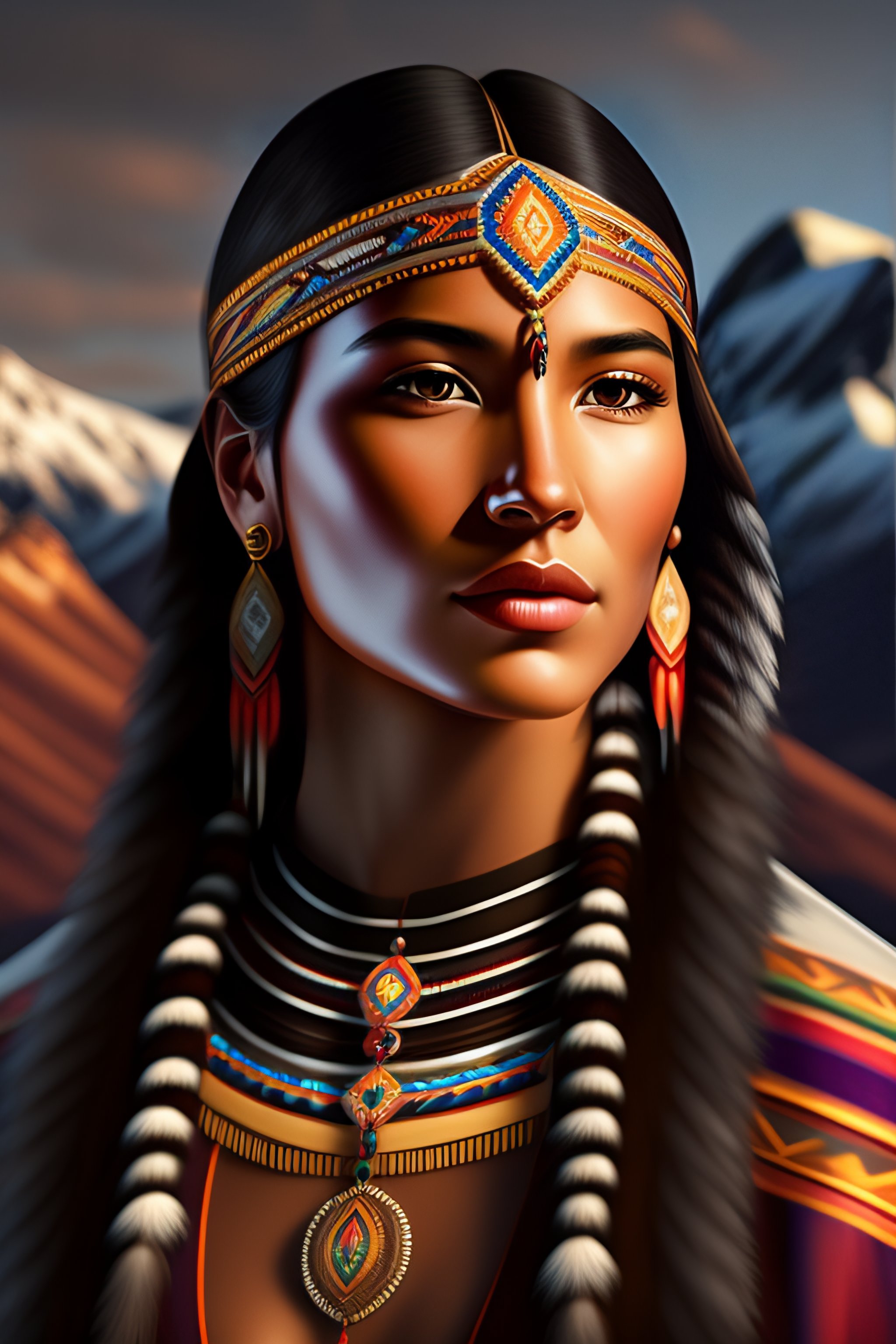Lexica - Native american young woman portrait in 3d digital art with ...