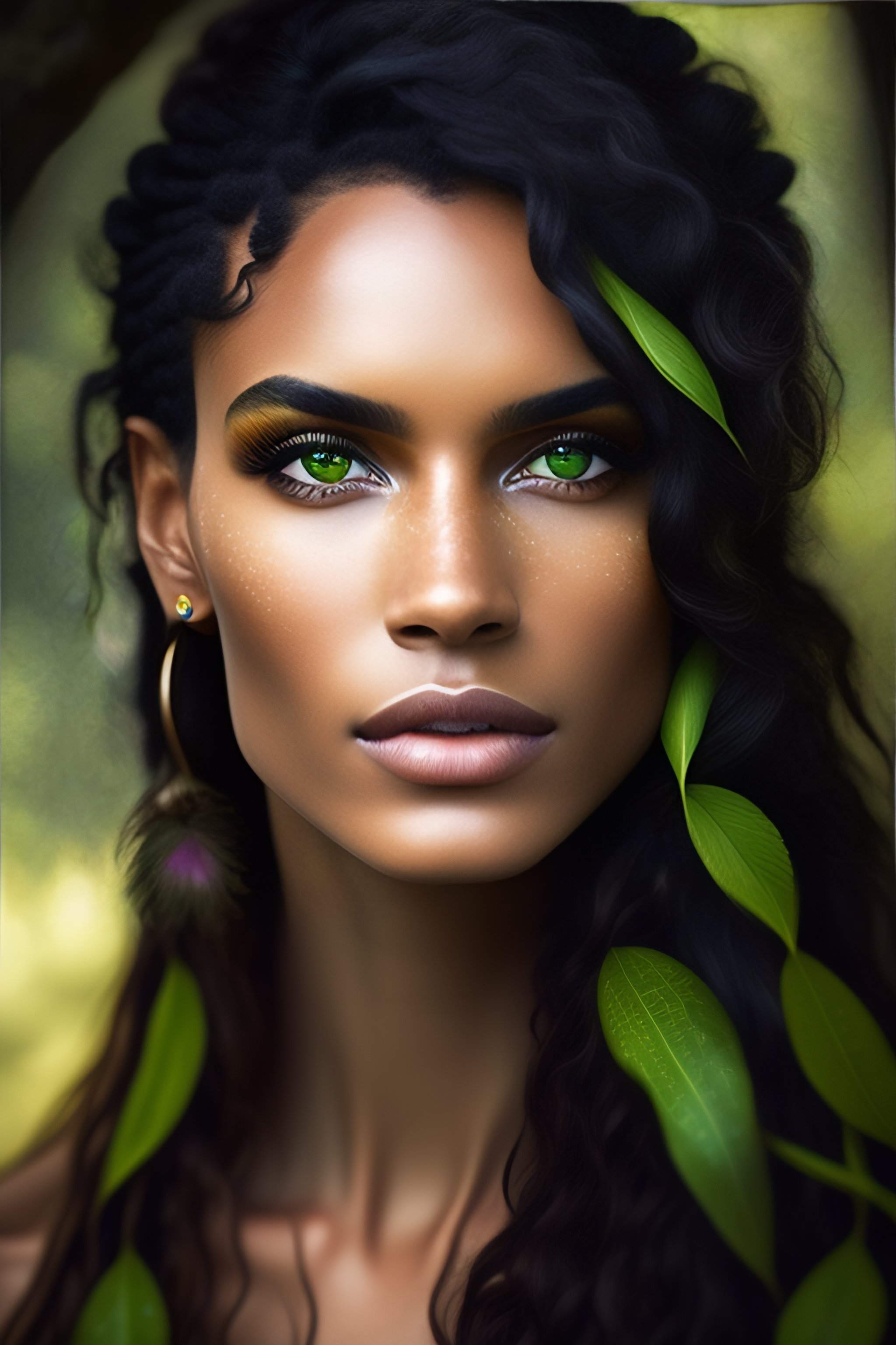 Lexica Wild And Black Hair Green Eyes Freckles Forest Woman 