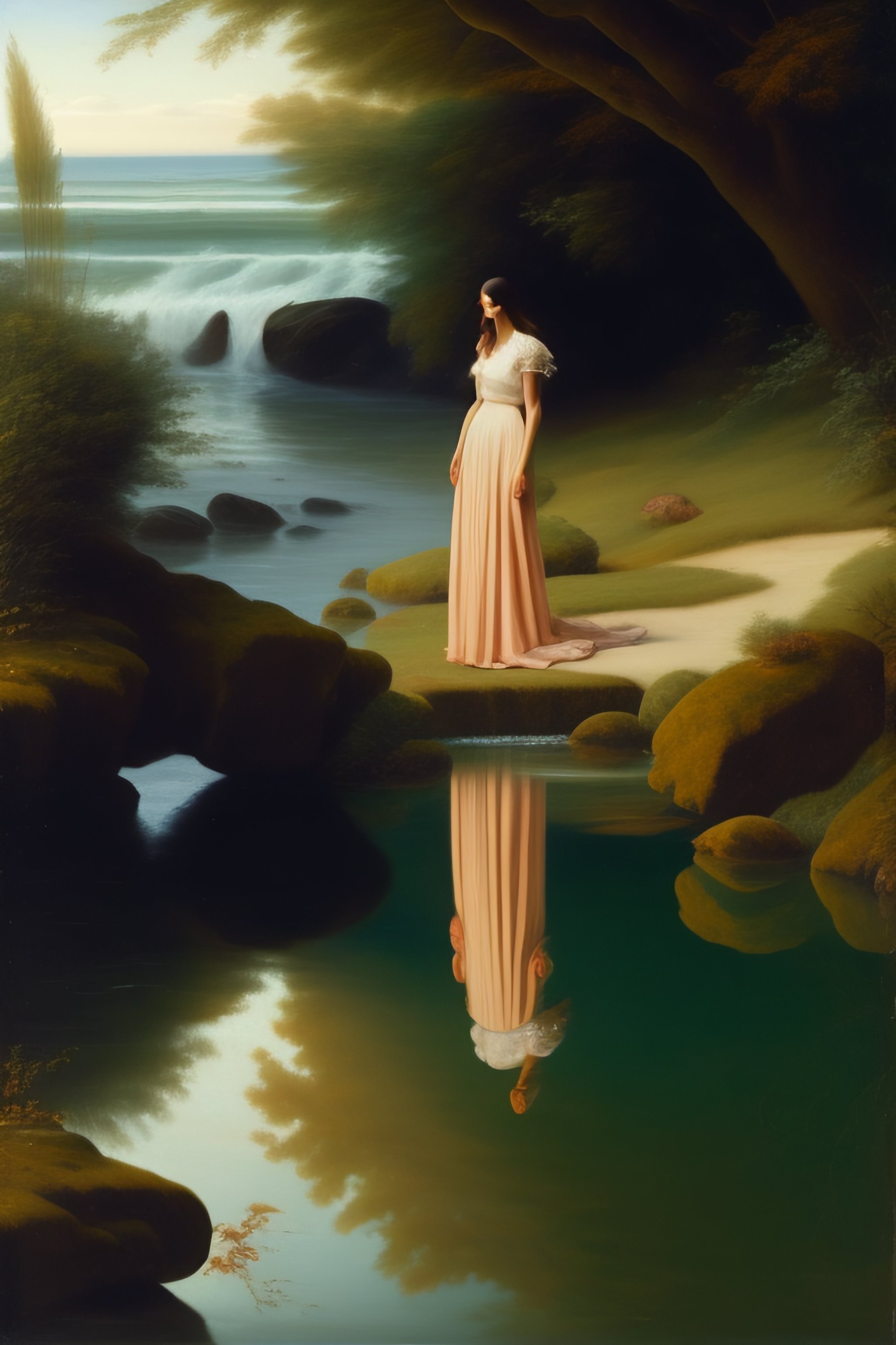 Lexica - A young woman in front full frame, with her feet in the water ...