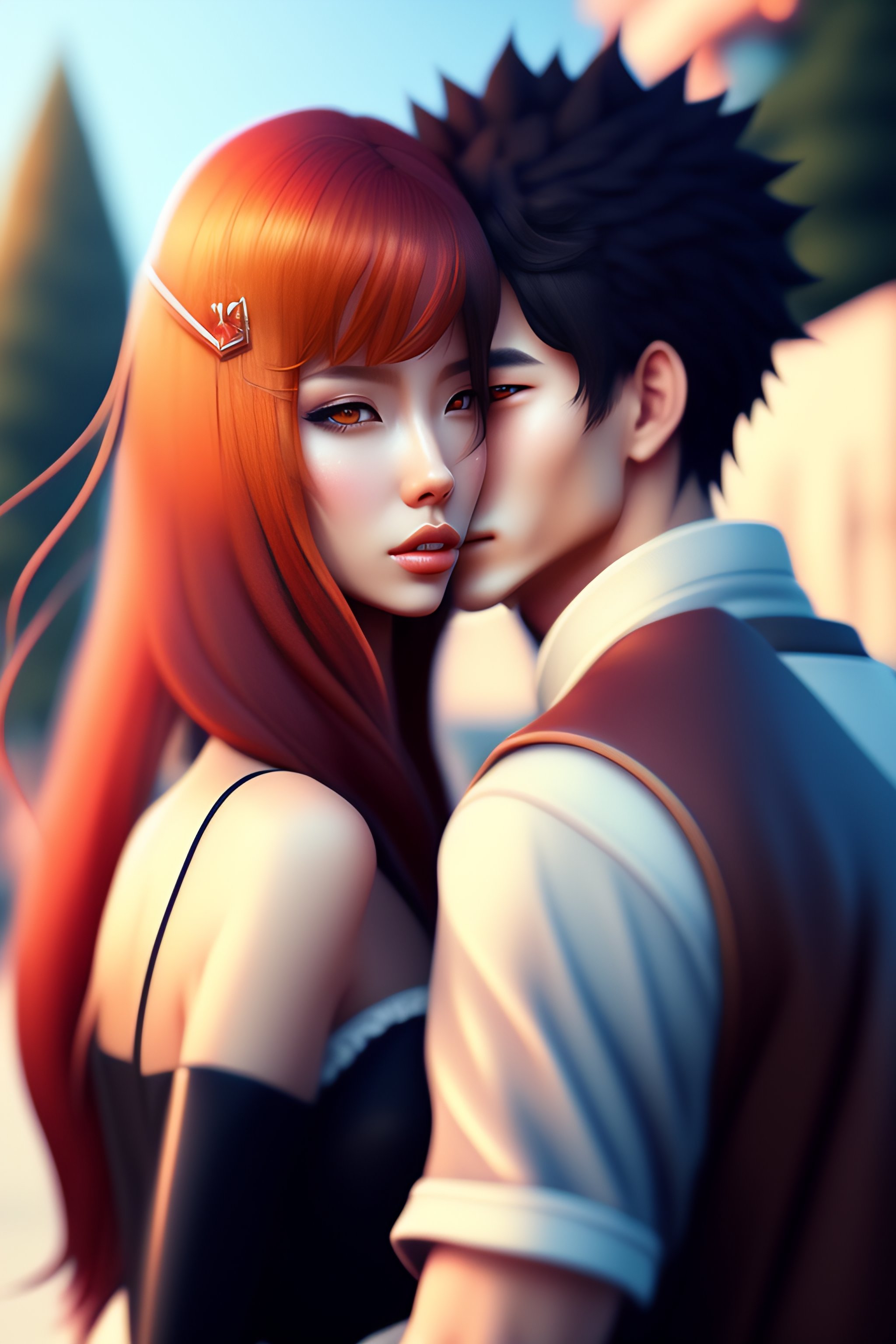 Lexica - Full body anime style couple kiss, date, realistic detailes, 2d  illustration, park, glamour, fashion style, 8k
